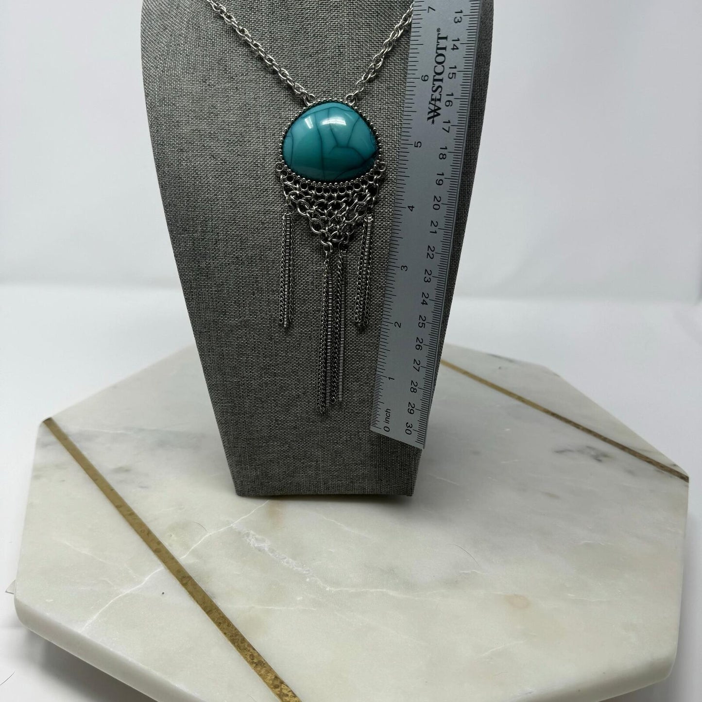 Turquoise Pendant Silver Chain Tassel Necklace Statement Boho 26”