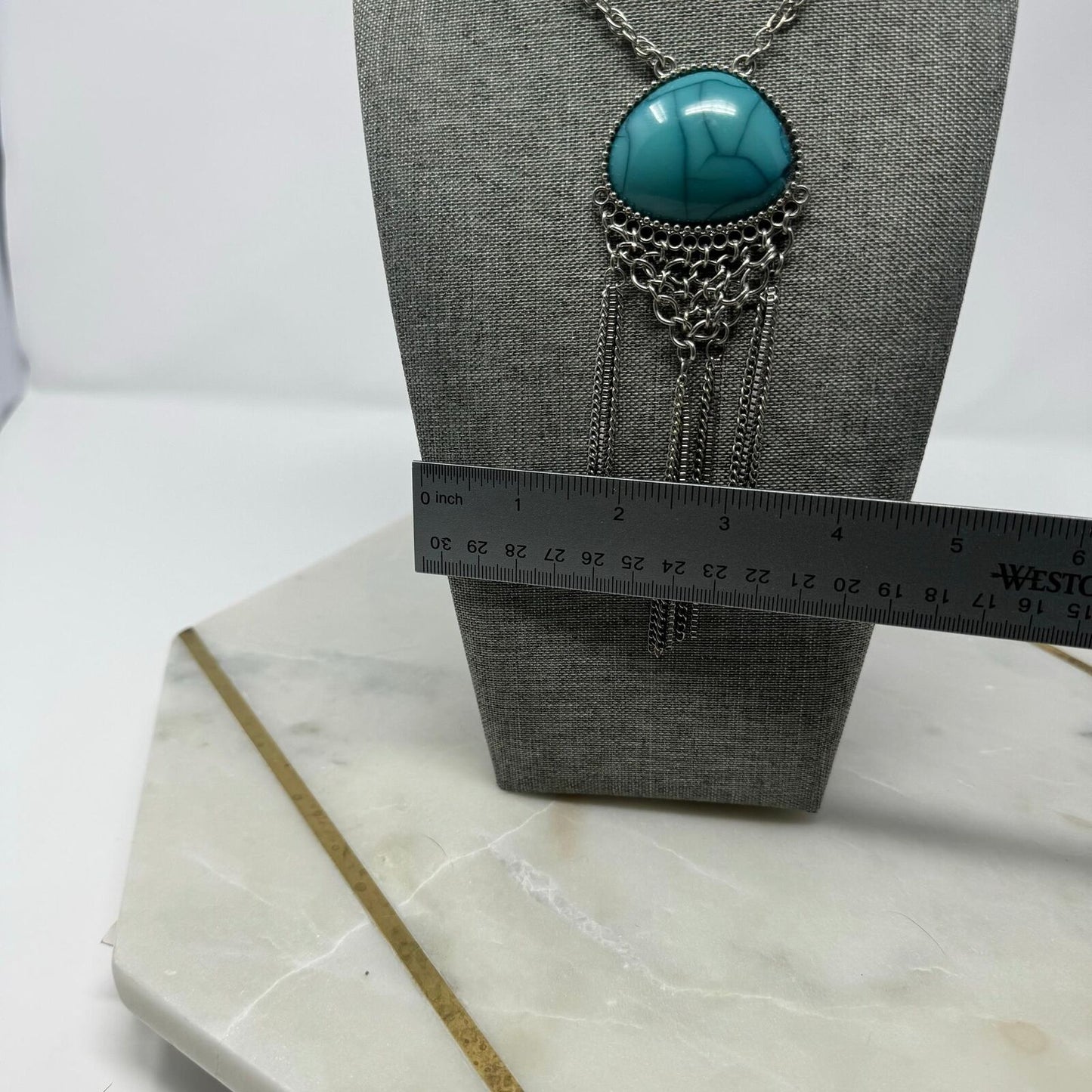 Turquoise Pendant Silver Chain Tassel Necklace Statement Boho 26”