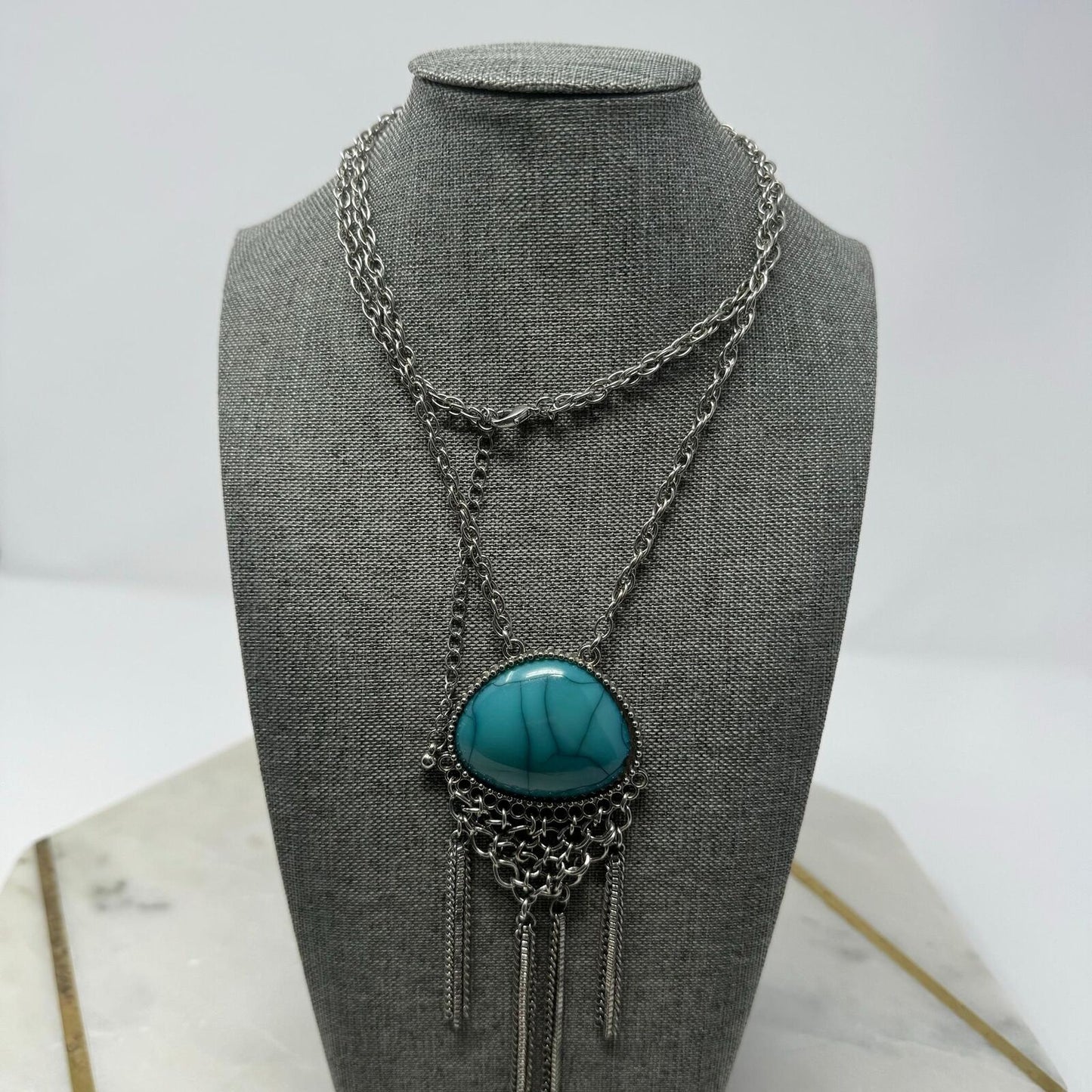 Turquoise Pendant Silver Chain Tassel Necklace Statement Boho 26”