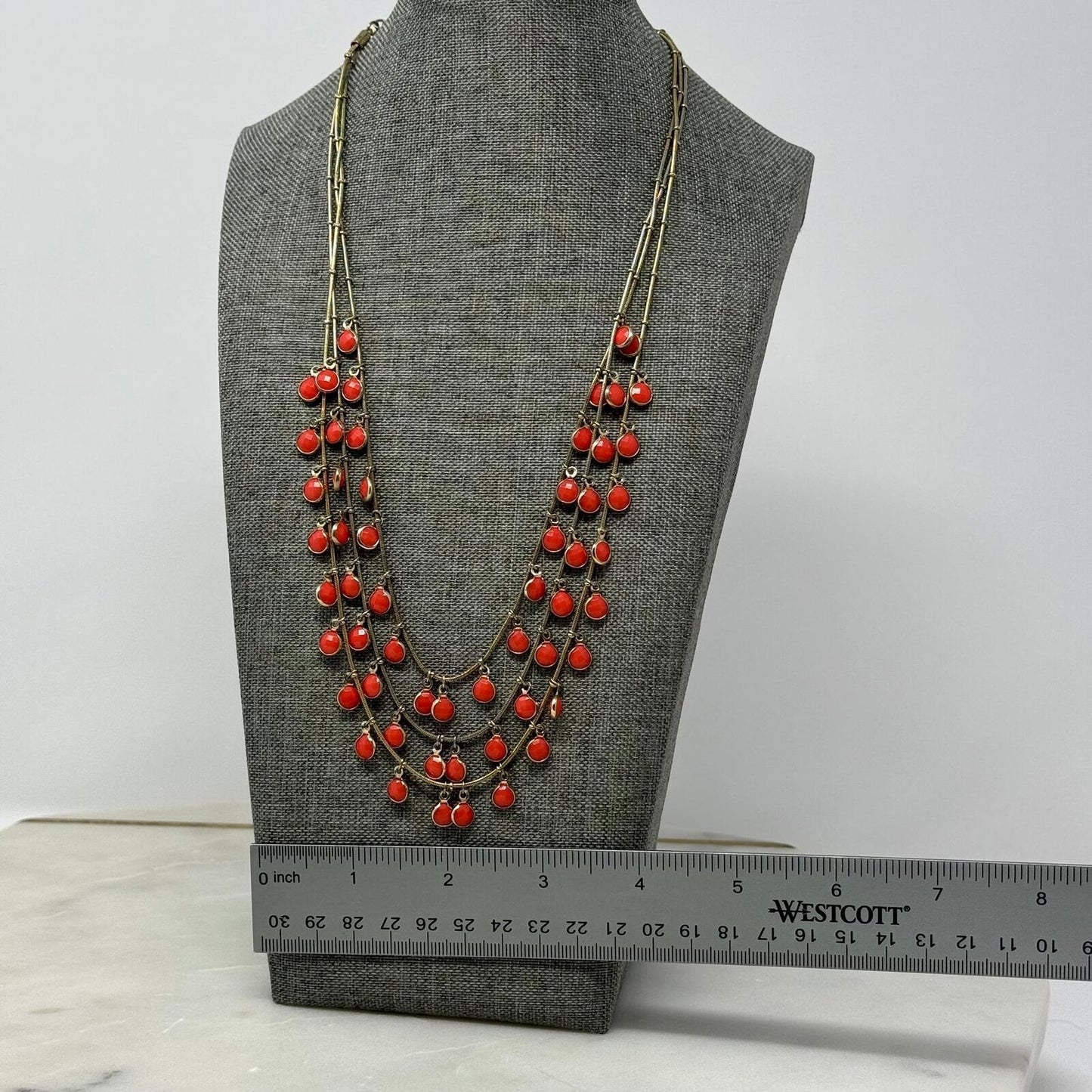 Orange & Gold Anne Klein Statement Necklace Bib Multi-Layer Fringe 18”