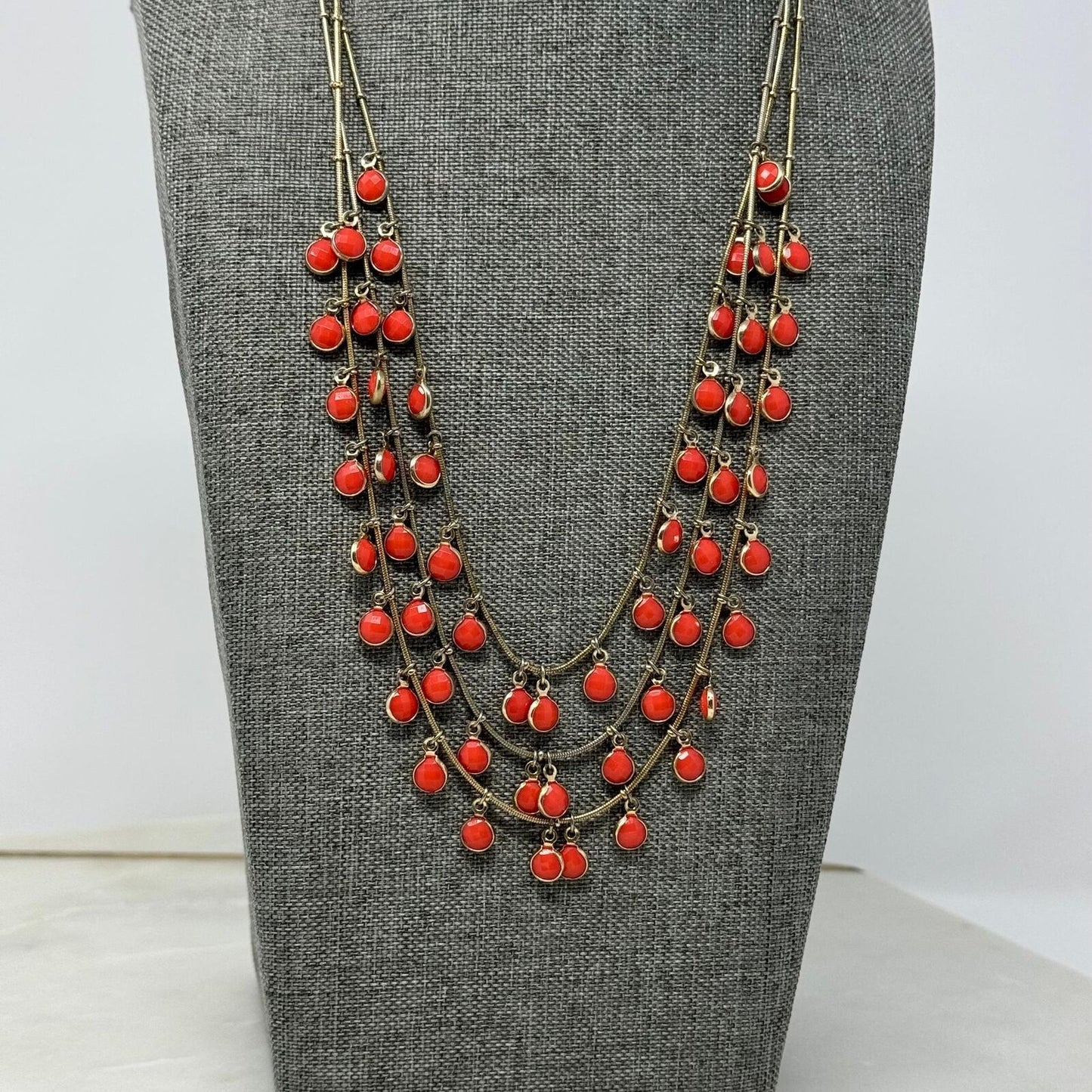 Orange & Gold Anne Klein Statement Necklace Bib Multi-Layer Fringe 18”