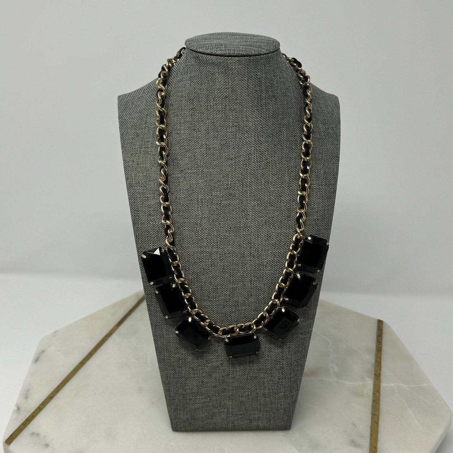 Glossy Large Black Gem Bib Statement Necklace Gold Chain Accent 18”