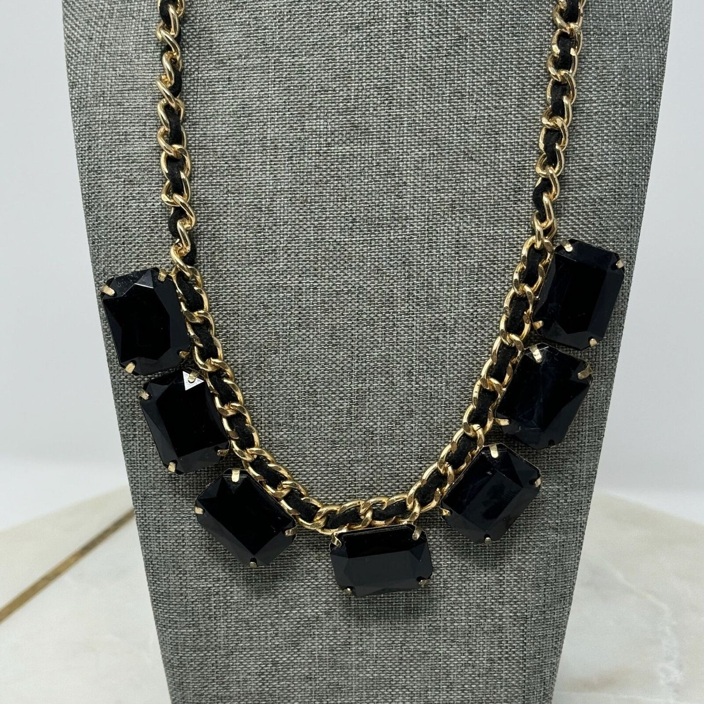 Glossy Large Black Gem Bib Statement Necklace Gold Chain Accent 18”