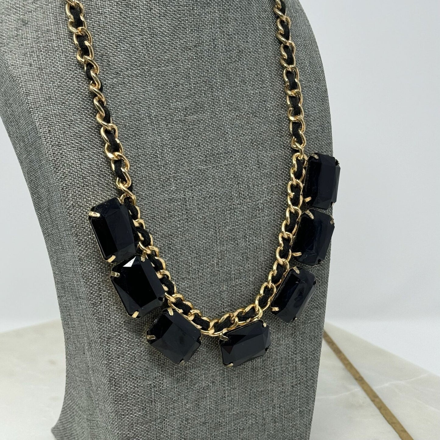 Glossy Large Black Gem Bib Statement Necklace Gold Chain Accent 18”