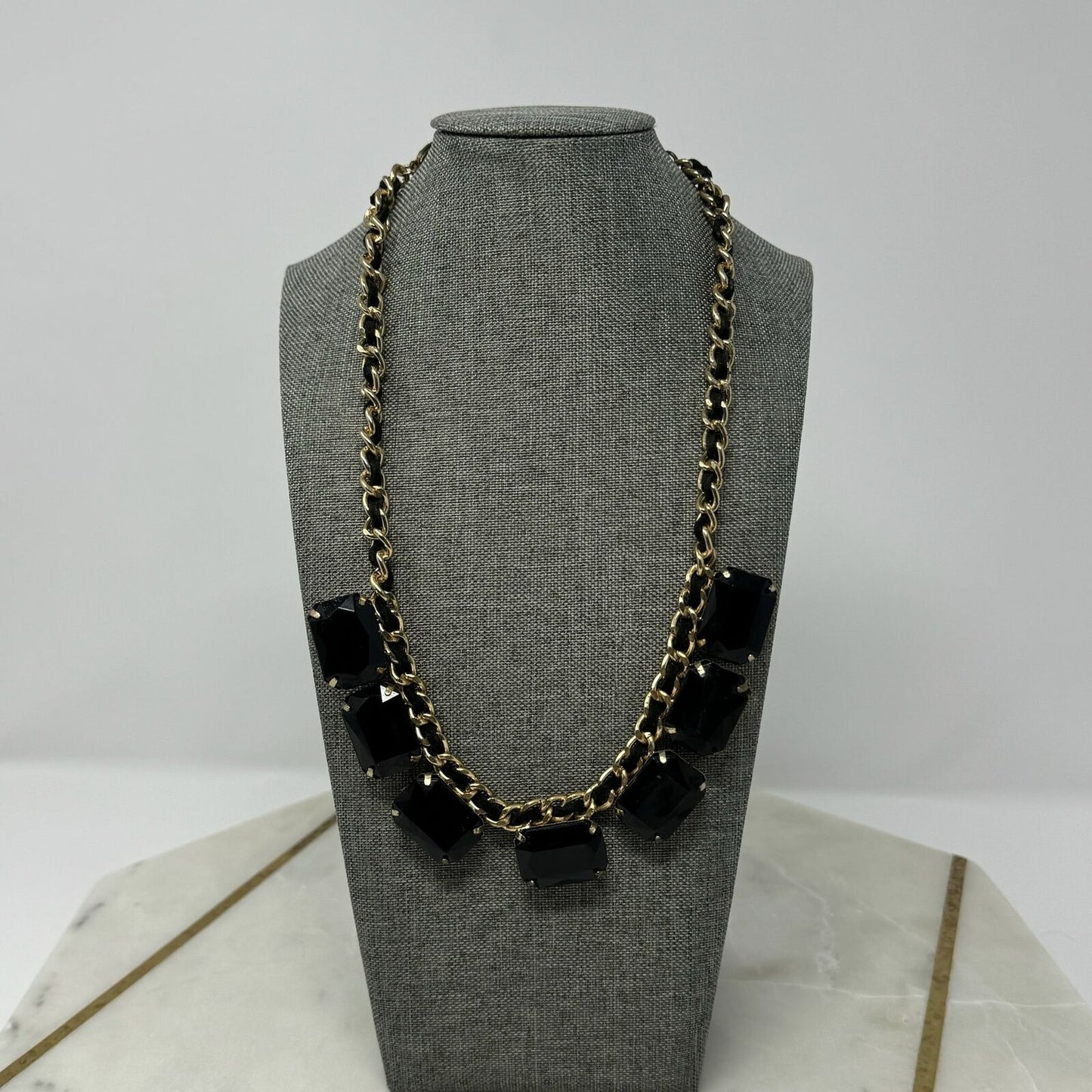 Glossy Large Black Gem Bib Statement Necklace Gold Chain Accent 18”