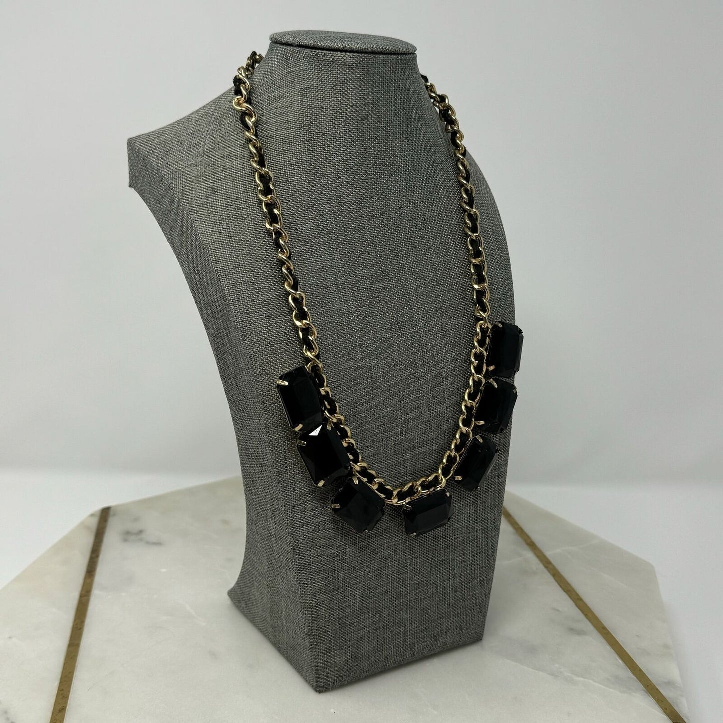 Glossy Large Black Gem Bib Statement Necklace Gold Chain Accent 18”