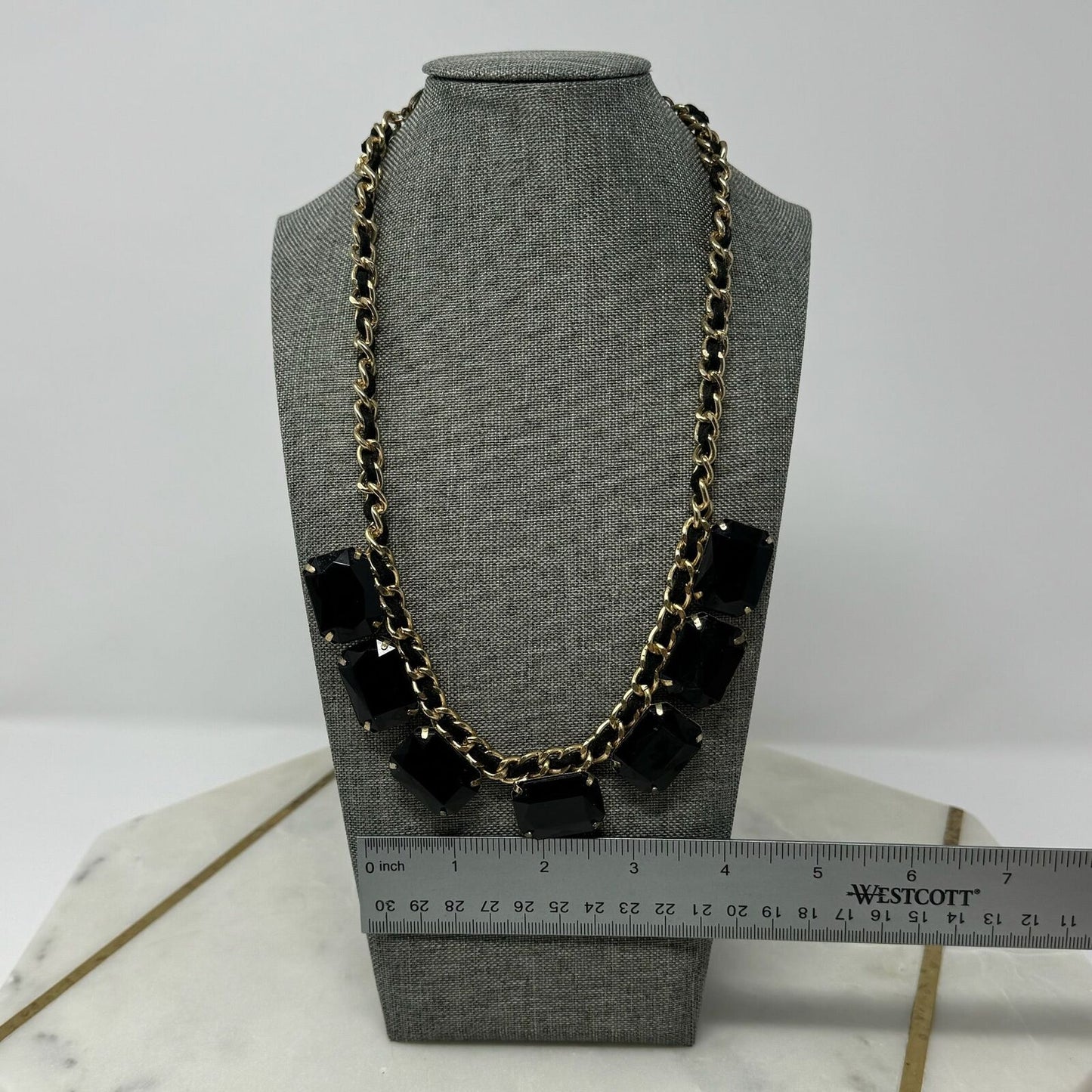 Glossy Large Black Gem Bib Statement Necklace Gold Chain Accent 18”
