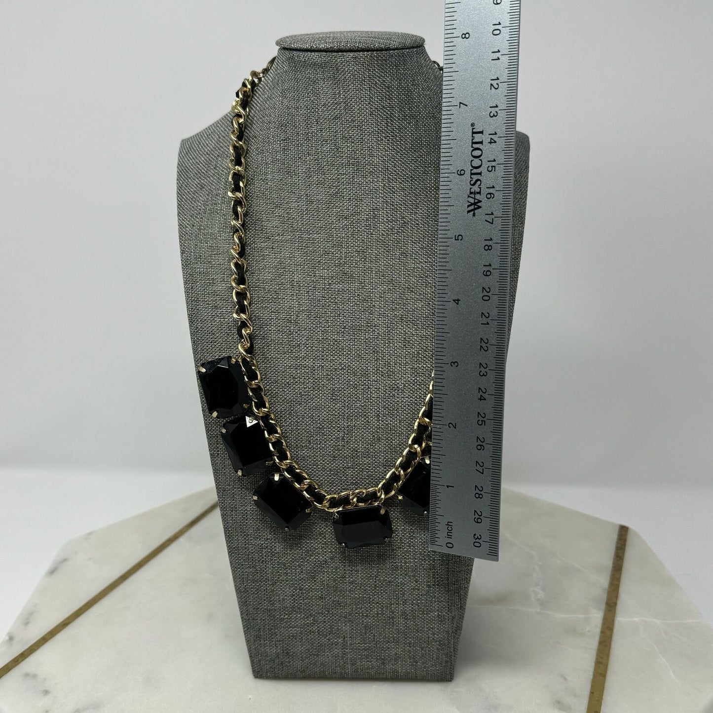 Glossy Large Black Gem Bib Statement Necklace Gold Chain Accent 18”