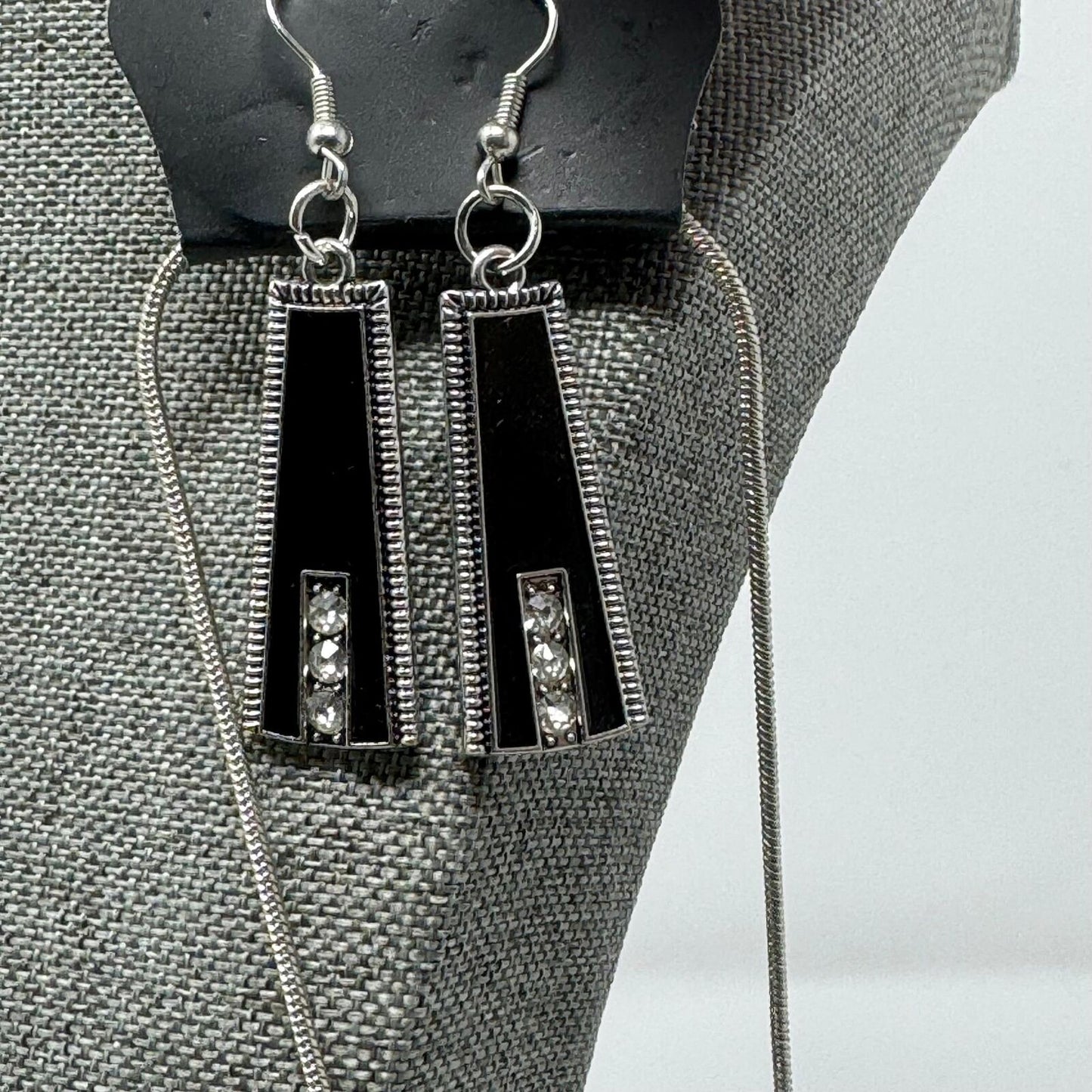 Paparazzi Necklace & Earring Set Black & Silver Rhinestone Accent Bib Statement