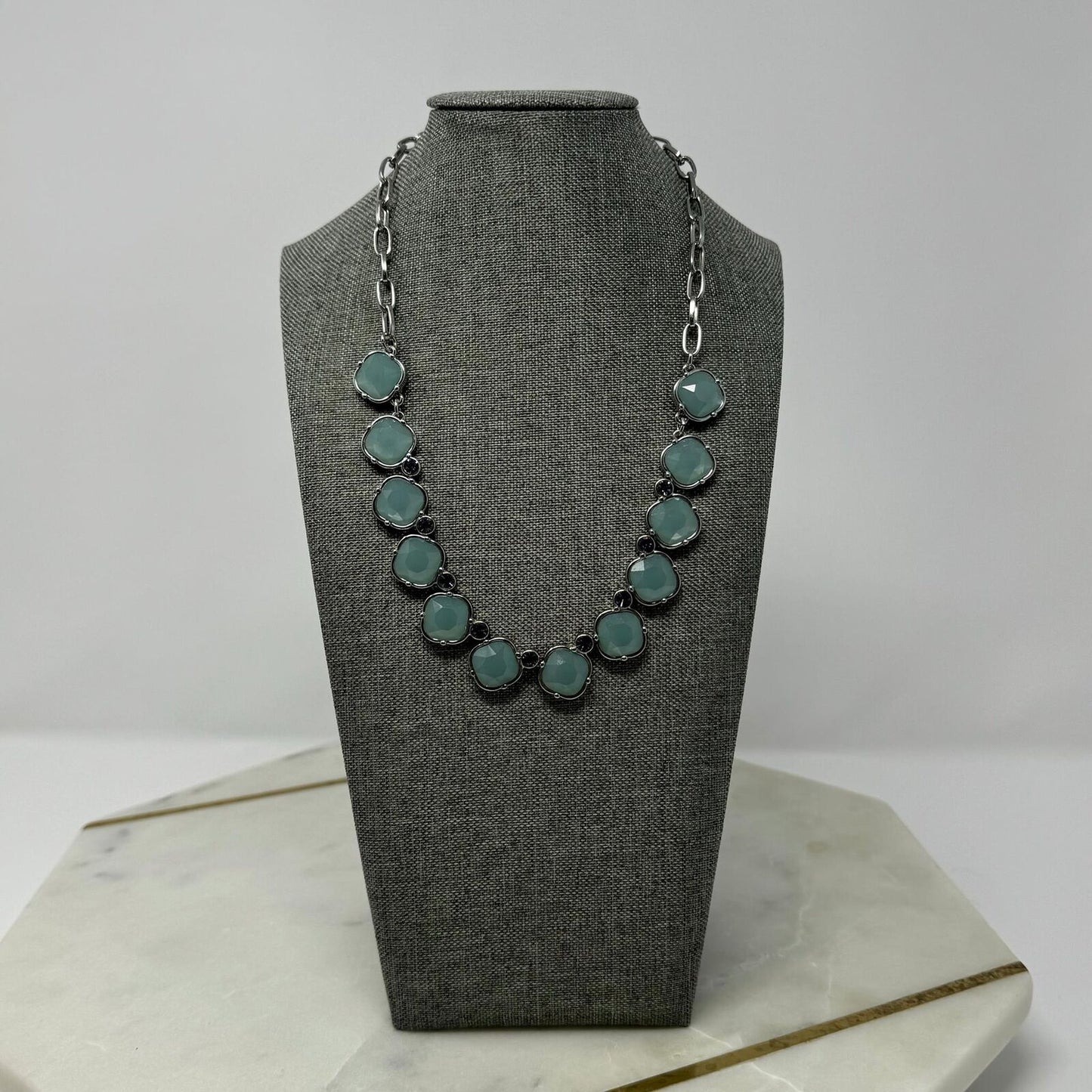 Lia Sophia Necklace Stormy Blue Rhinestone Bib Accent Necklace Faceted Elegant 18”