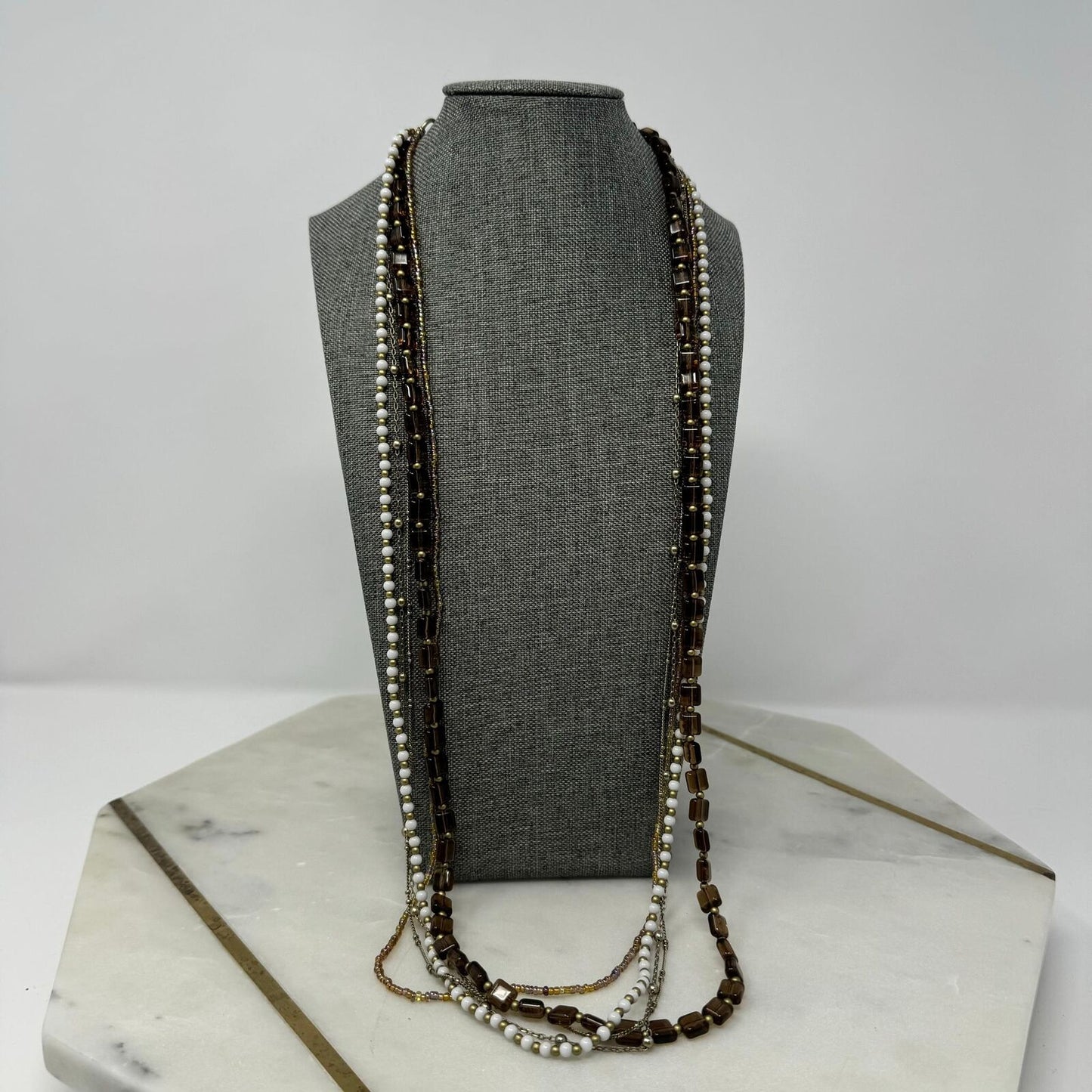 Premier Designs Multi-Layer Beaded Necklace Textured Sophisticated Earthy Tones 27”