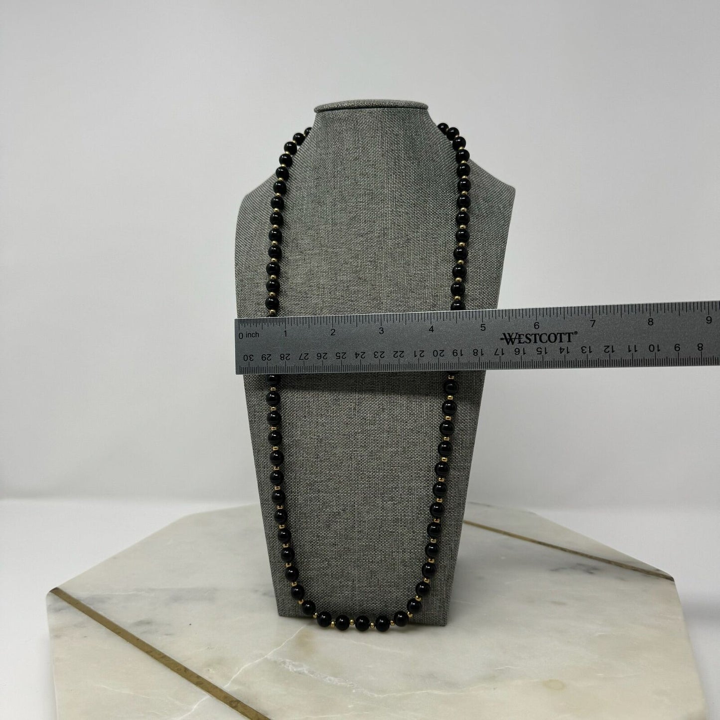 Black & Gold Beaded Necklace Elegant Glossy Uniform Round Beads Sleek 28”