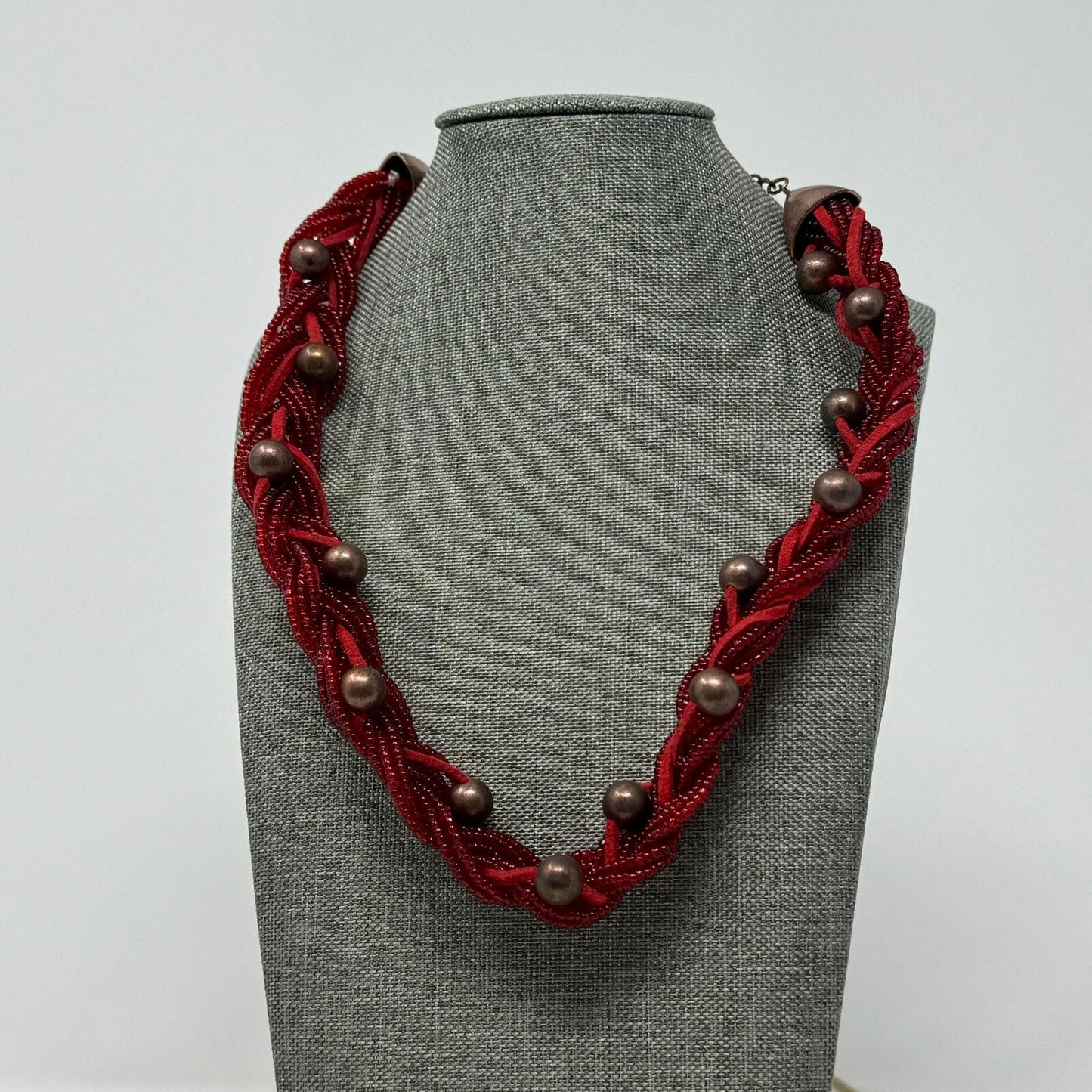 Red Braided Necklace Multilayer Seed Bead Strands Bronze Rounded Accent Beads 18”