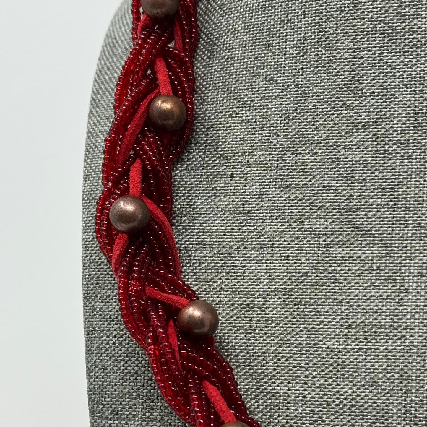 Red Braided Necklace Multilayer Seed Bead Strands Bronze Rounded Accent Beads 18”