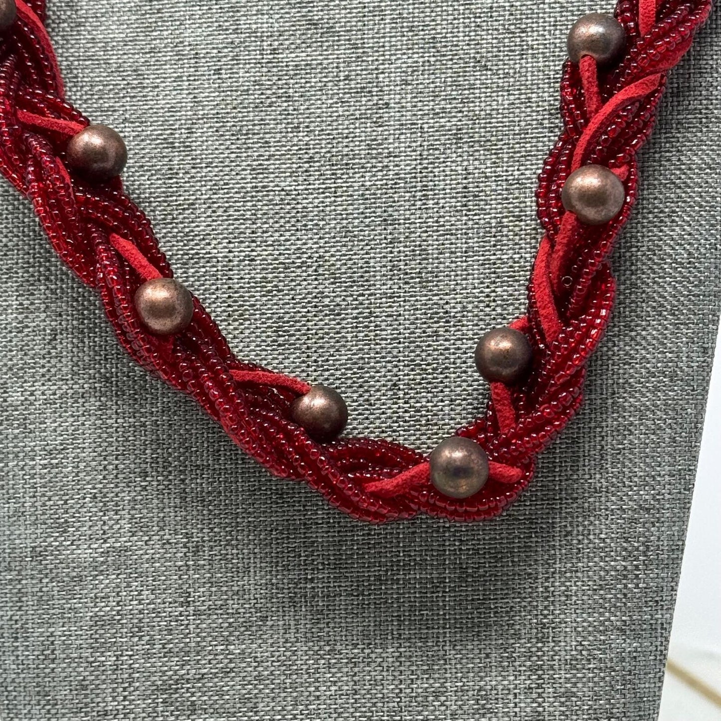 Red Braided Necklace Multilayer Seed Bead Strands Bronze Rounded Accent Beads 18”