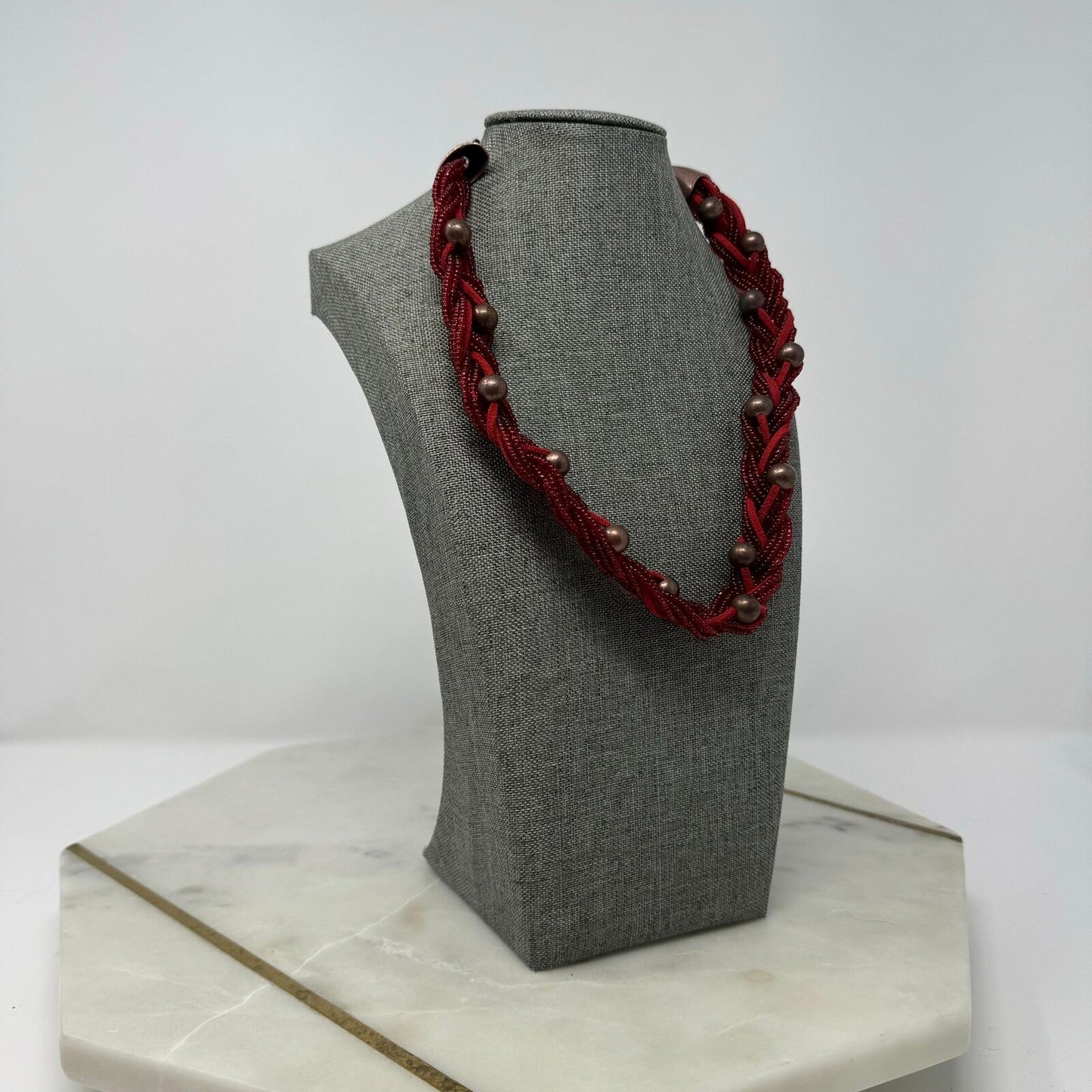 Red Braided Necklace Multilayer Seed Bead Strands Bronze Rounded Accent Beads 18”