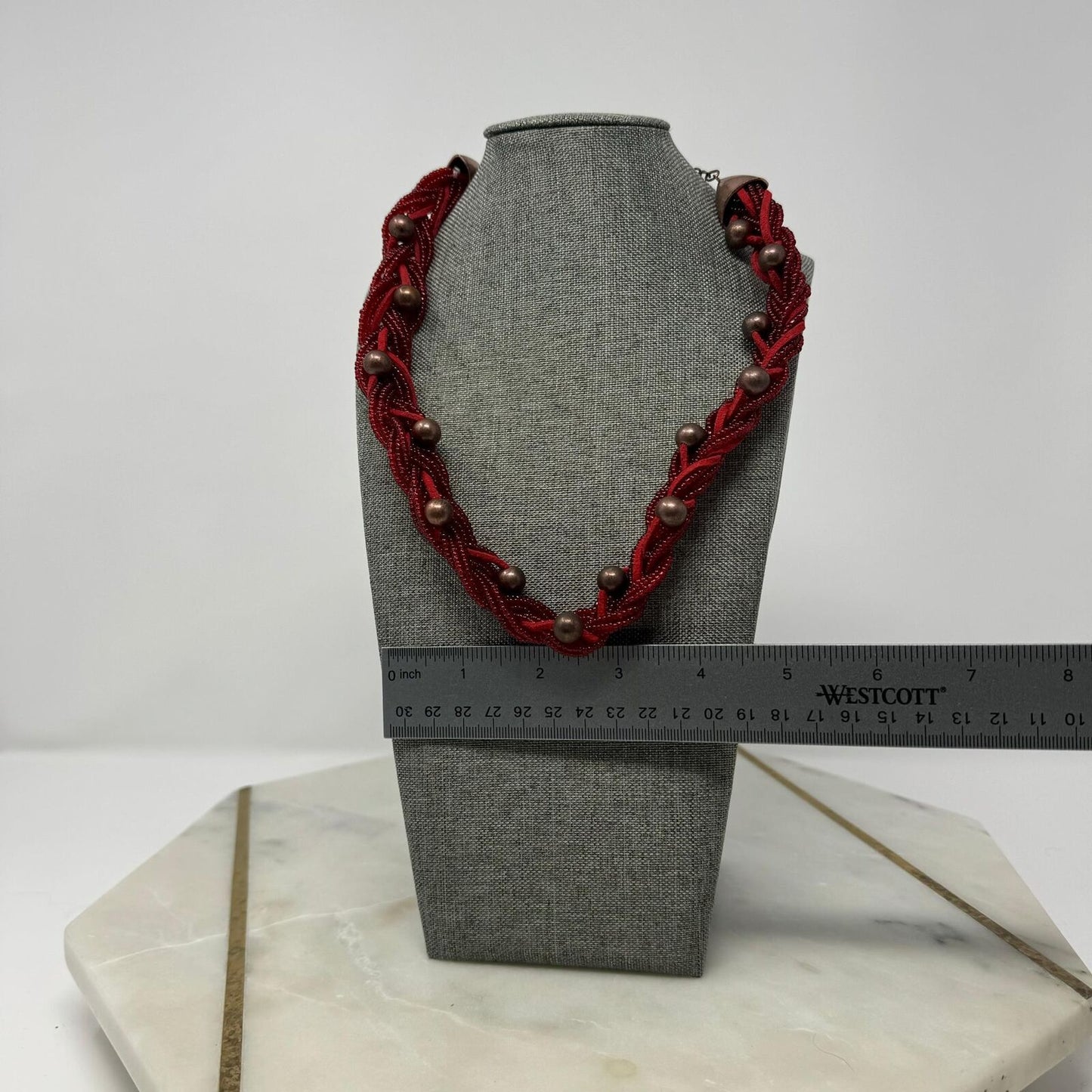 Red Braided Necklace Multilayer Seed Bead Strands Bronze Rounded Accent Beads 18”