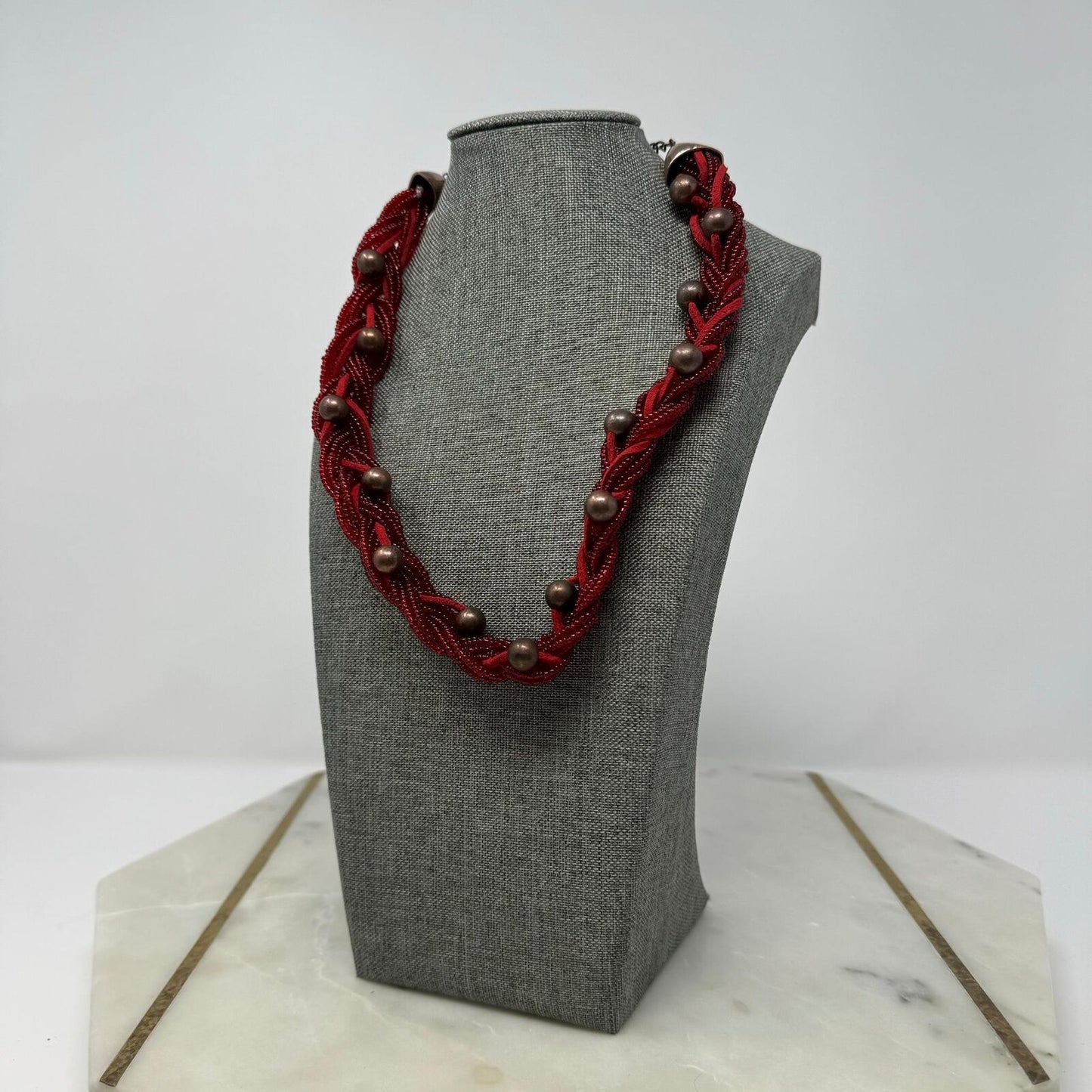 Red Braided Necklace Multilayer Seed Bead Strands Bronze Rounded Accent Beads 18”