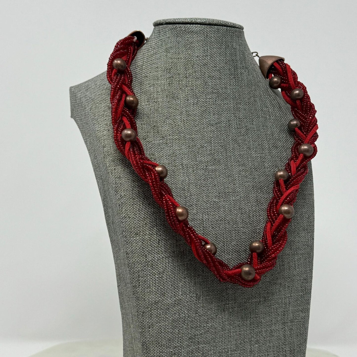 Red Braided Necklace Multilayer Seed Bead Strands Bronze Rounded Accent Beads 18”