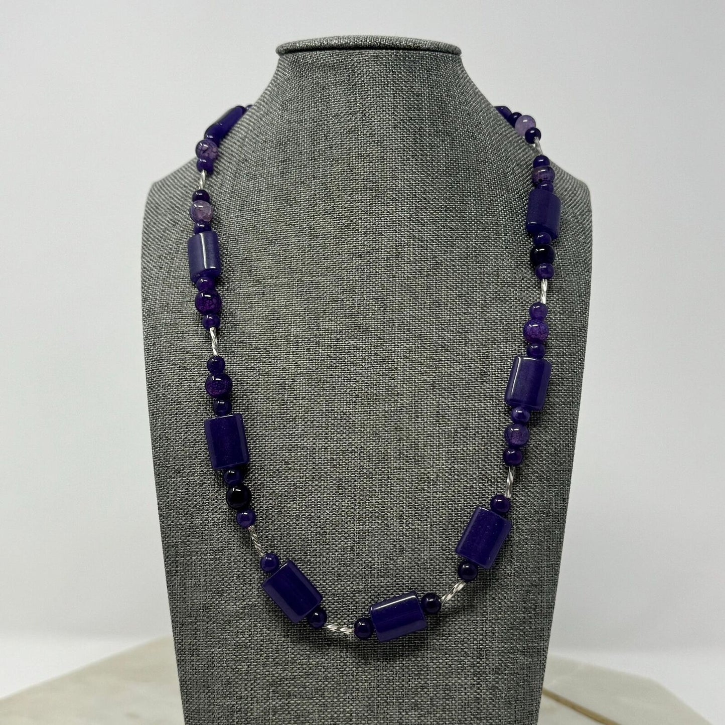Purple Beaded Bib Necklace Cyndrical, Round, Multi Shade Smooth Glass Beads Elegant 20”