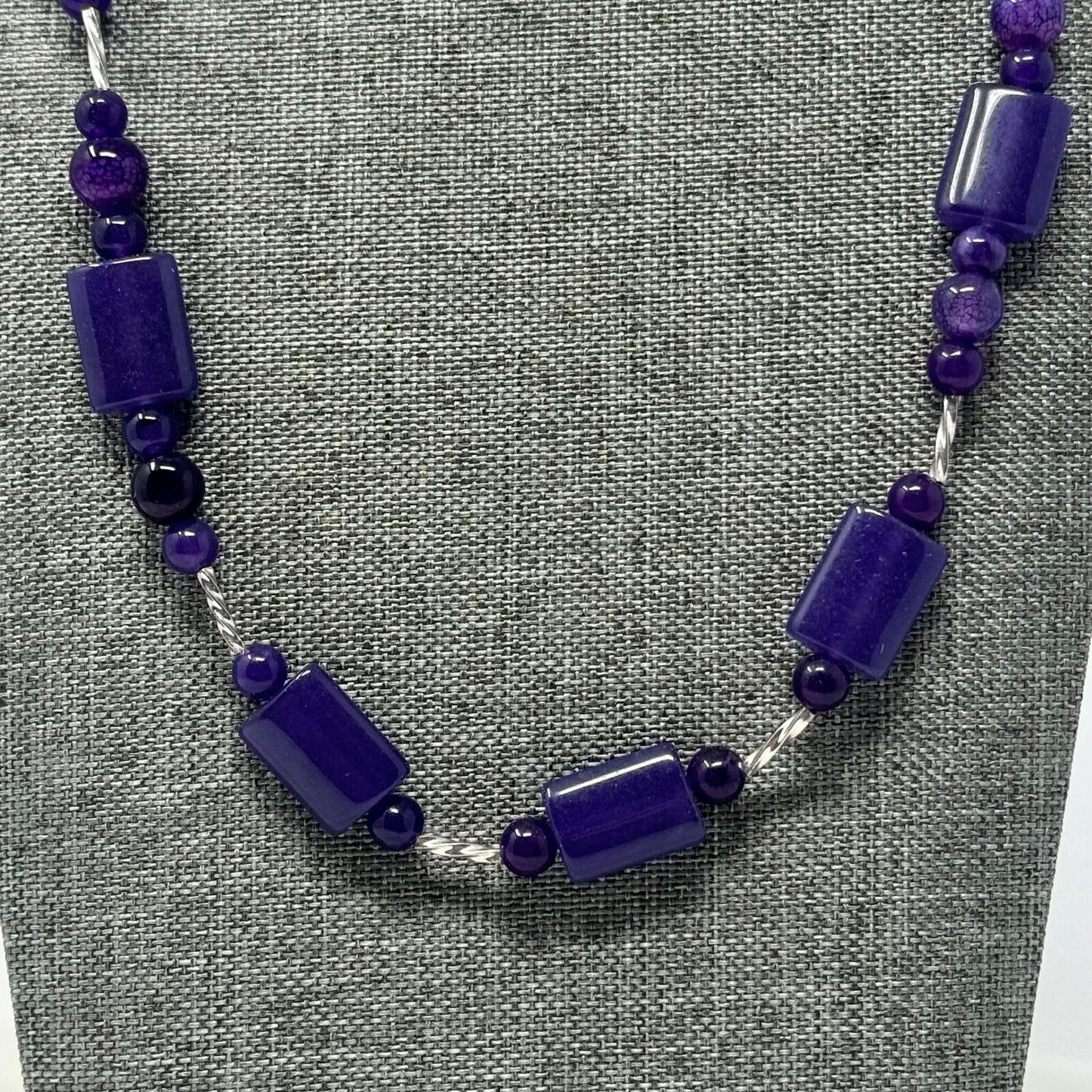 Purple Beaded Bib Necklace Cyndrical, Round, Multi Shade Smooth Glass Beads Elegant 20”