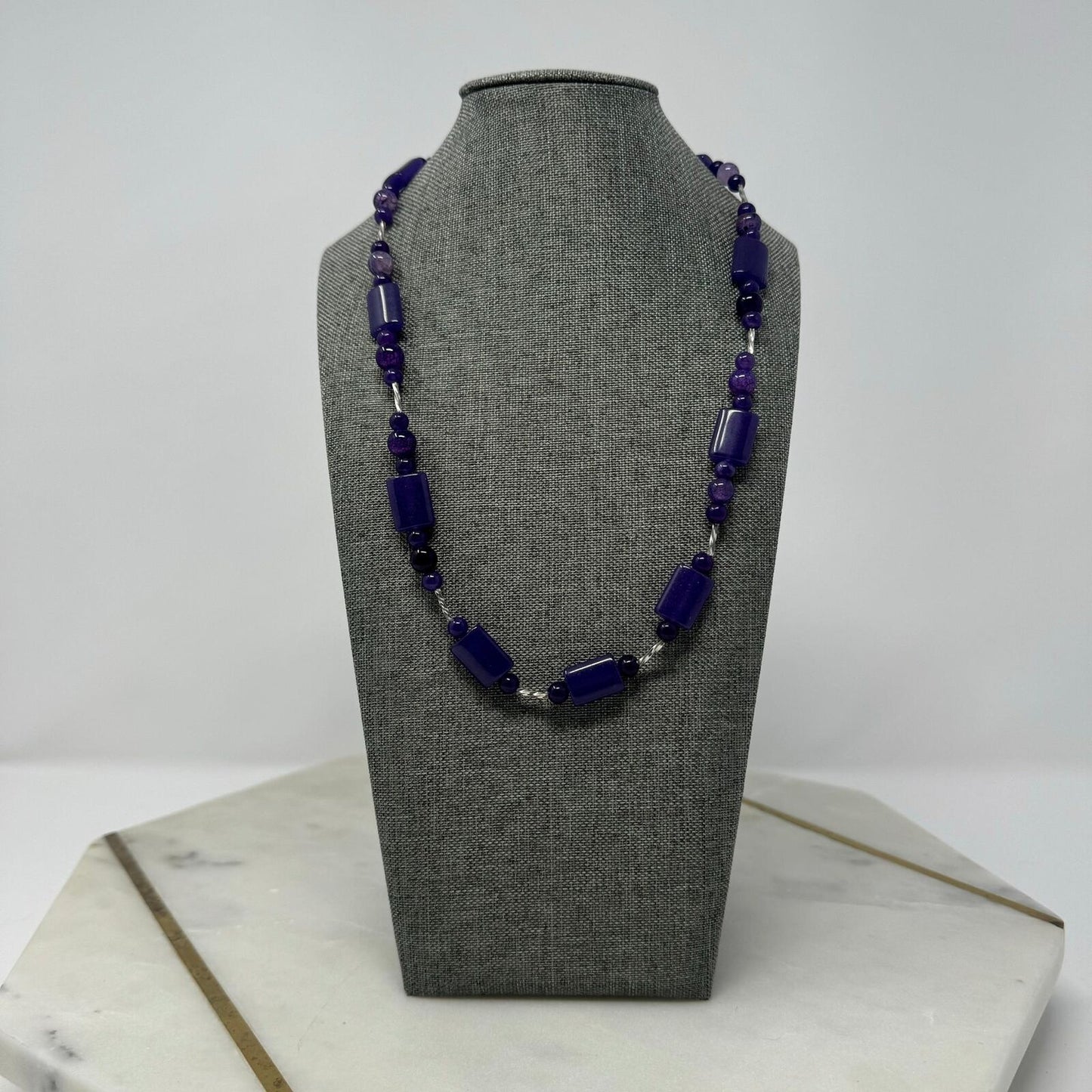 Purple Beaded Bib Necklace Cyndrical, Round, Multi Shade Smooth Glass Beads Elegant 20”