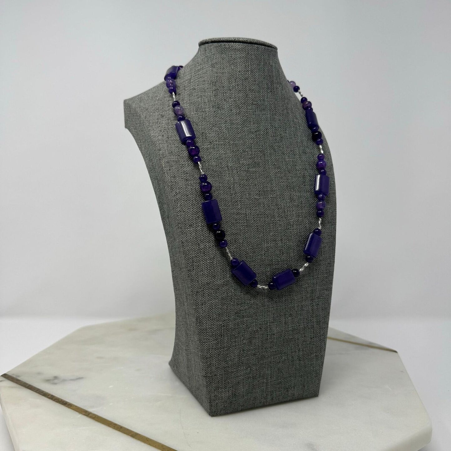 Purple Beaded Bib Necklace Cyndrical, Round, Multi Shade Smooth Glass Beads Elegant 20”