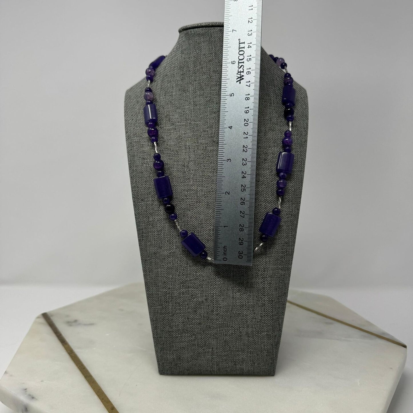 Purple Beaded Bib Necklace Cyndrical, Round, Multi Shade Smooth Glass Beads Elegant 20”