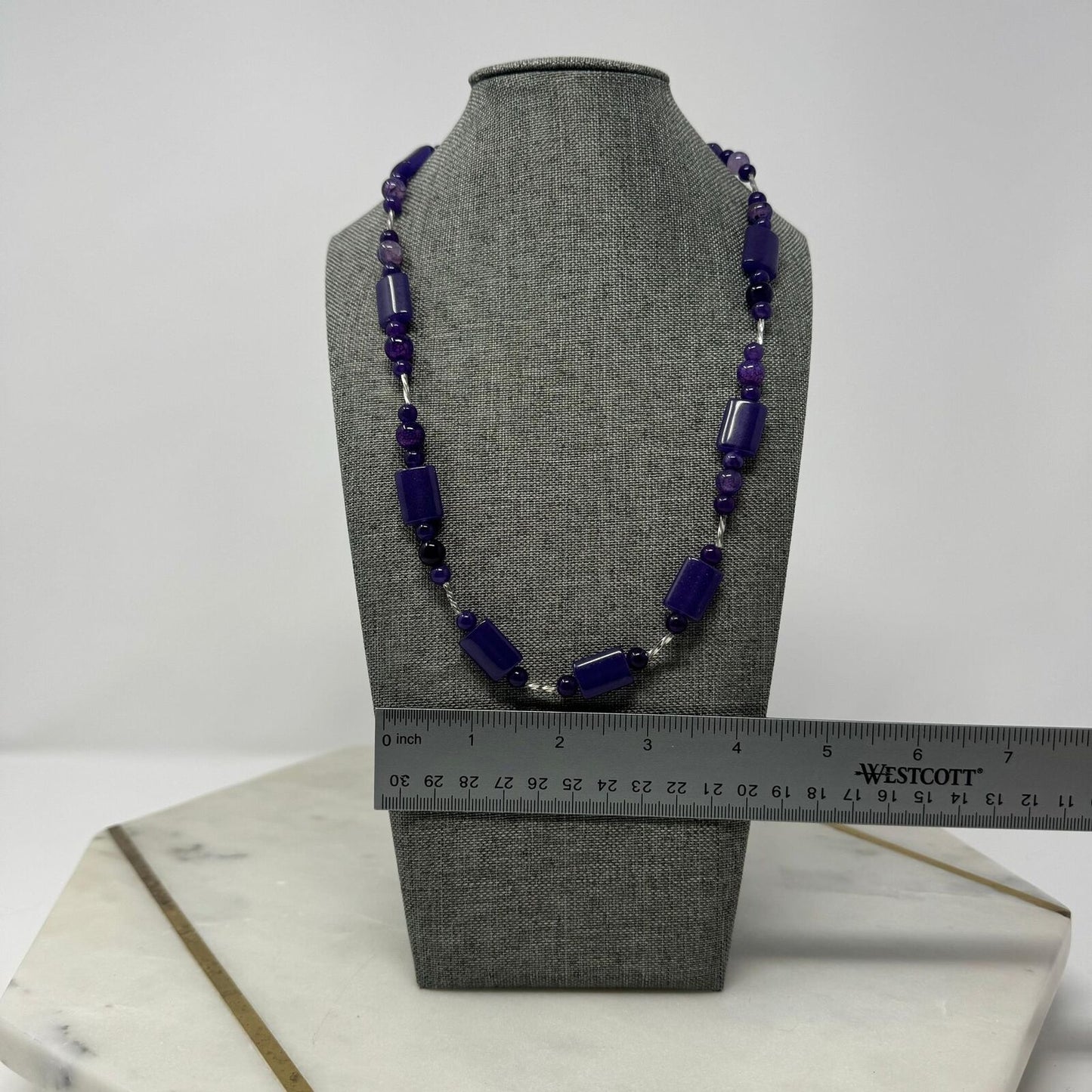 Purple Beaded Bib Necklace Cyndrical, Round, Multi Shade Smooth Glass Beads Elegant 20”
