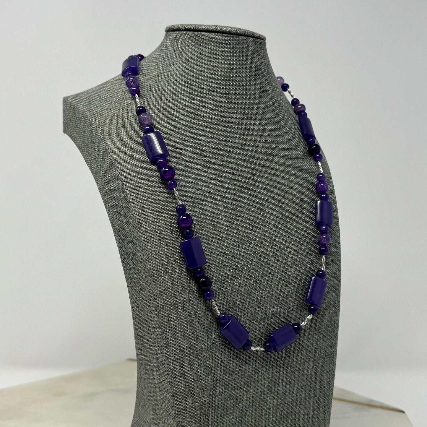 Purple Beaded Bib Necklace Cyndrical, Round, Multi Shade Smooth Glass Beads Elegant 20”