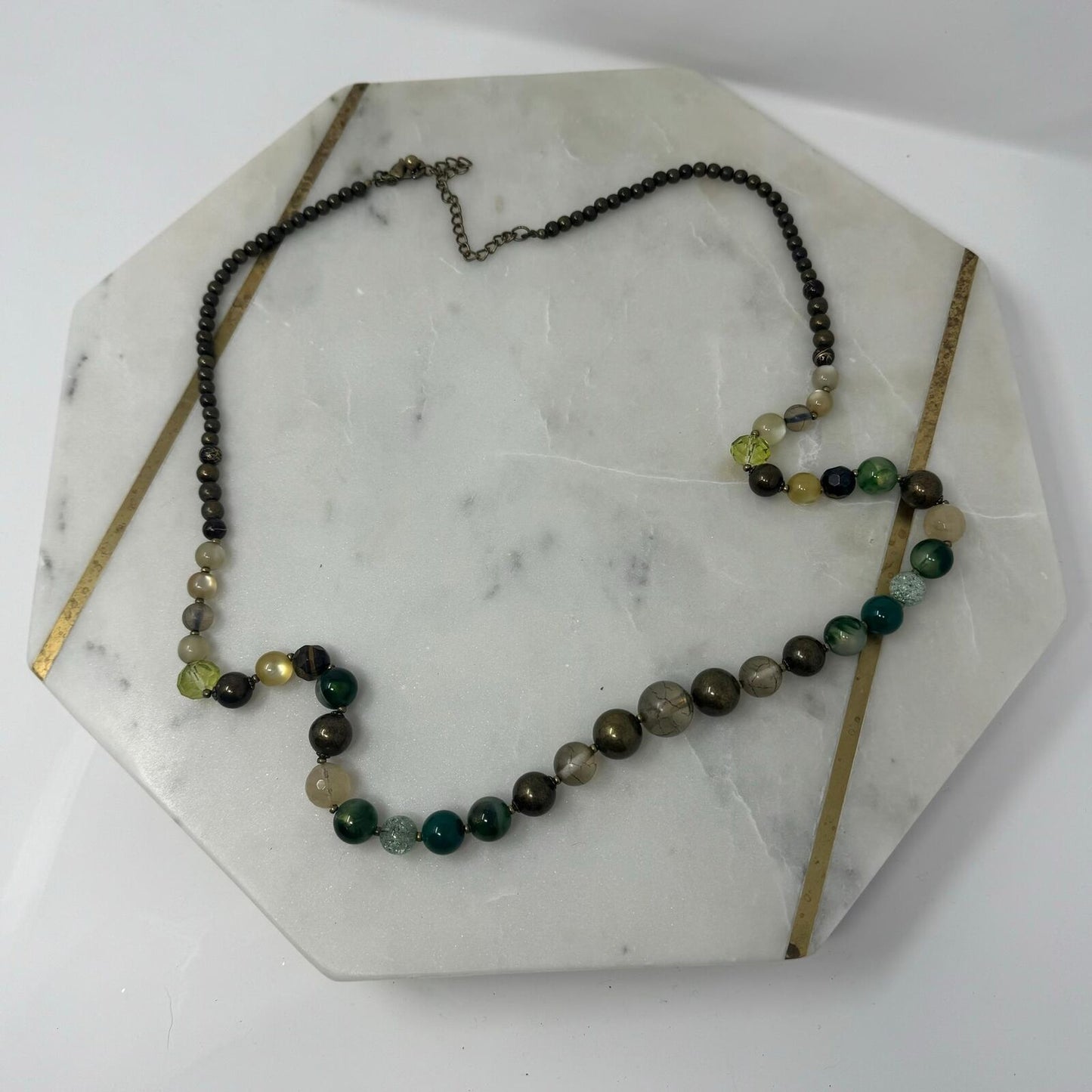 Green Beaded Necklace Small Faceted Earthy Tone Beads Elegant Natural Design 38”