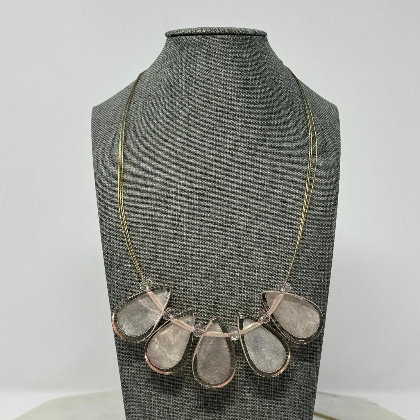 Pink Teardrop Statement Necklace Gold Wire Elegant Minimal Delicate Chic 18”