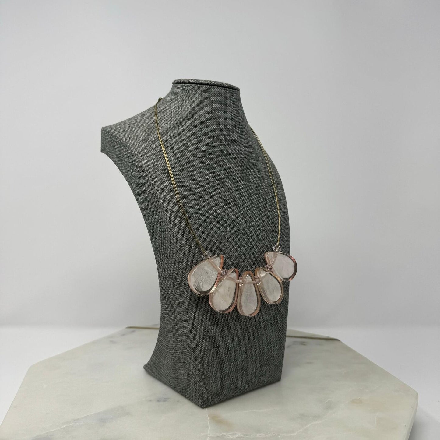 Pink Teardrop Statement Necklace Gold Wire Elegant Minimal Delicate Chic 18”
