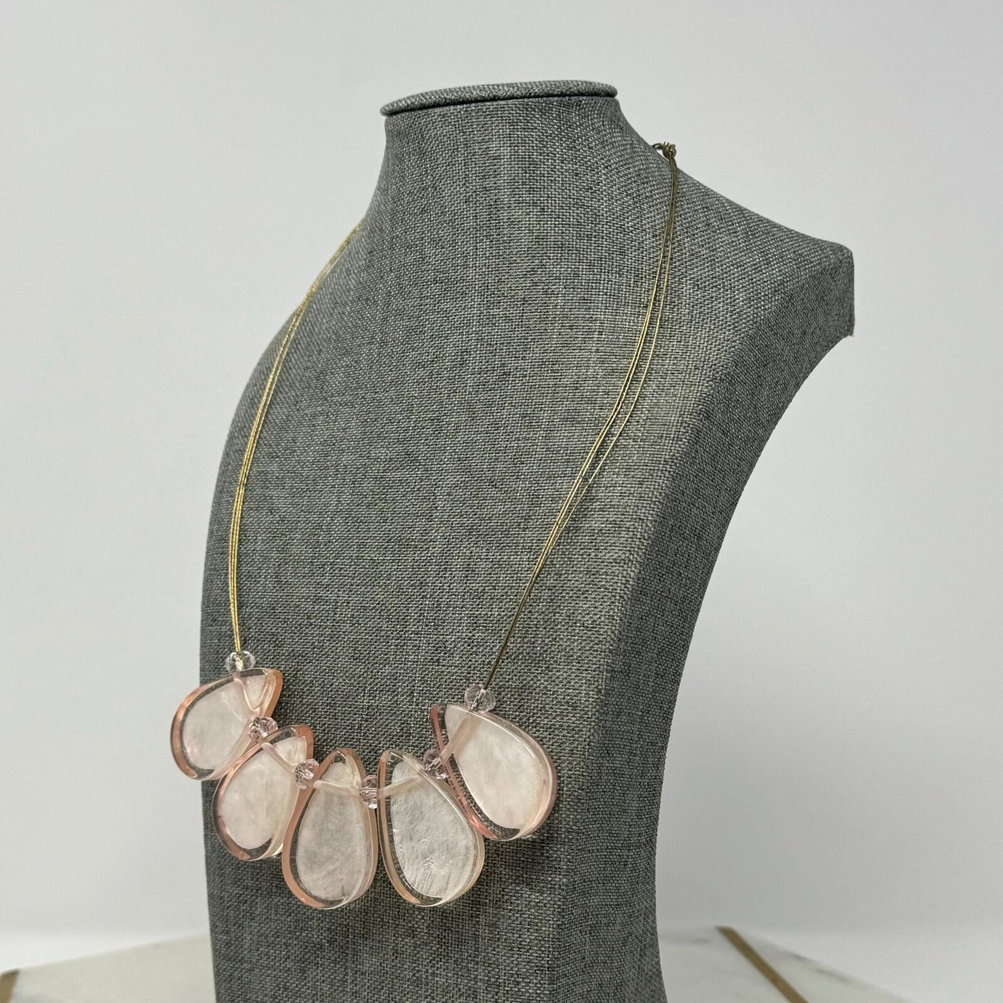 Pink Teardrop Statement Necklace Gold Wire Elegant Minimal Delicate Chic 18”