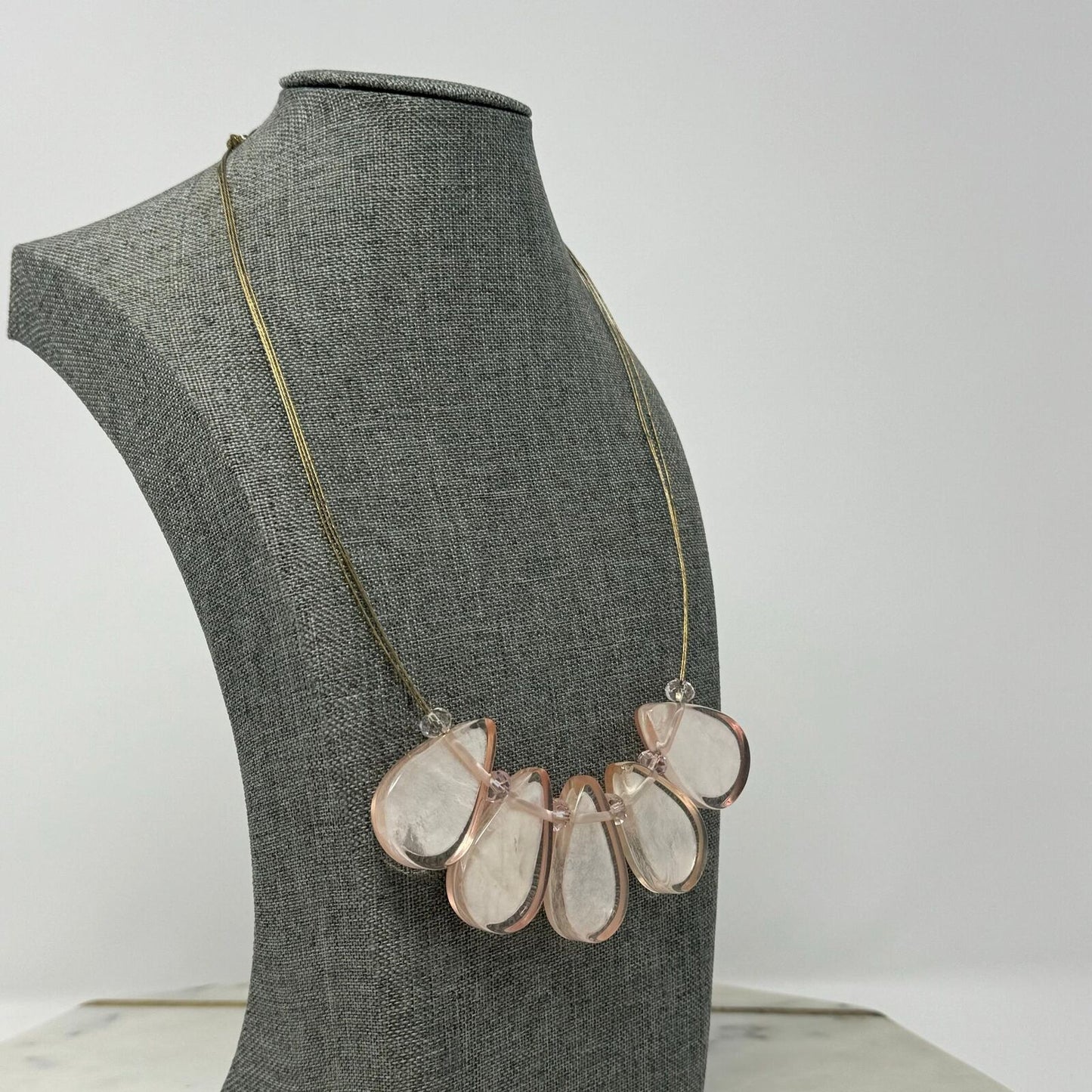 Pink Teardrop Statement Necklace Gold Wire Elegant Minimal Delicate Chic 18”