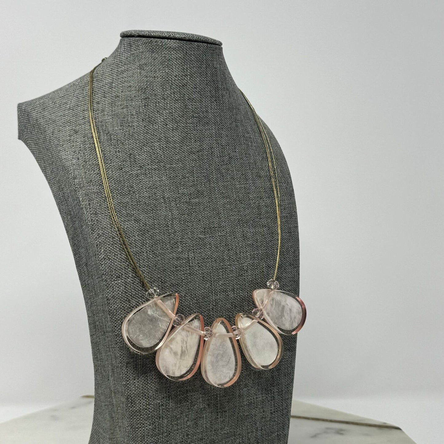 Pink Teardrop Statement Necklace Gold Wire Elegant Minimal Delicate Chic 18”