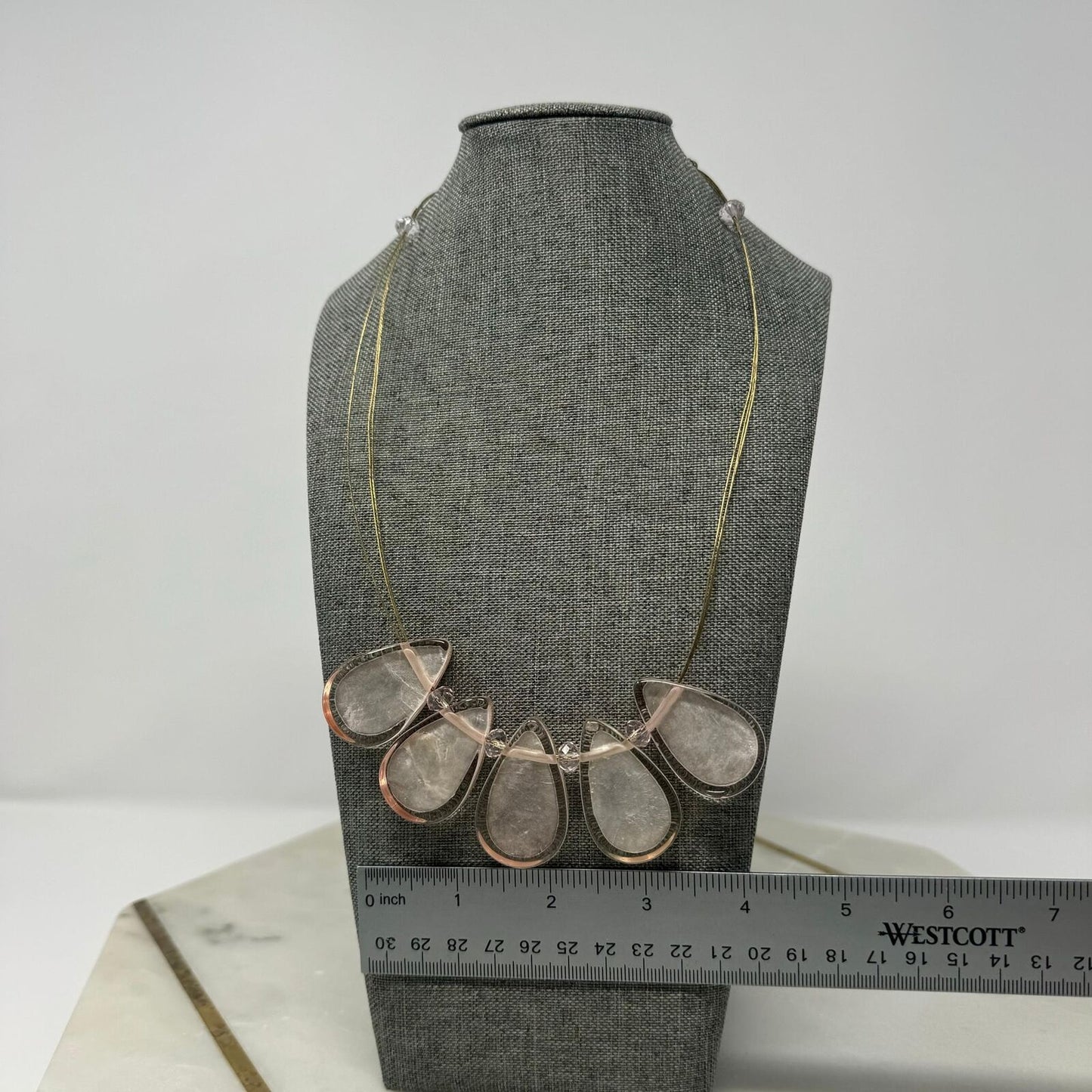 Pink Teardrop Statement Necklace Gold Wire Elegant Minimal Delicate Chic 18”