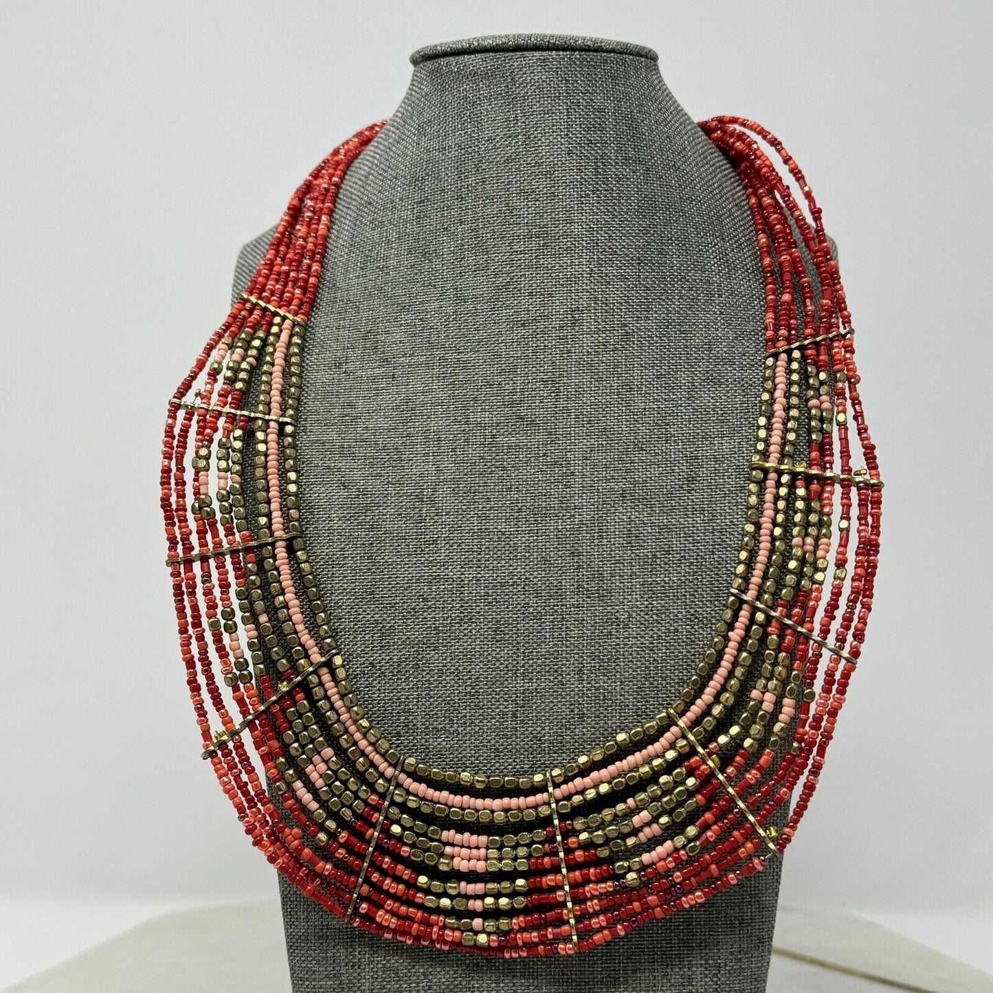 Red Seed Bead Bib Statement Necklace Layered Gold Accent Tribal Royal Boho 20”