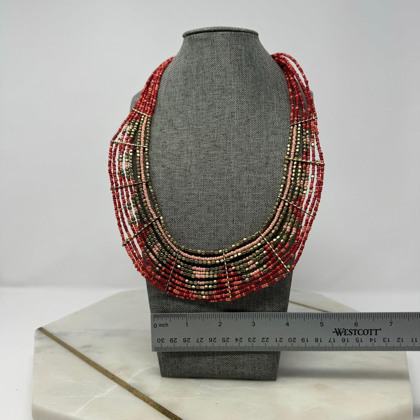 Red Seed Bead Bib Statement Necklace Layered Gold Accent Tribal Royal Boho 20”