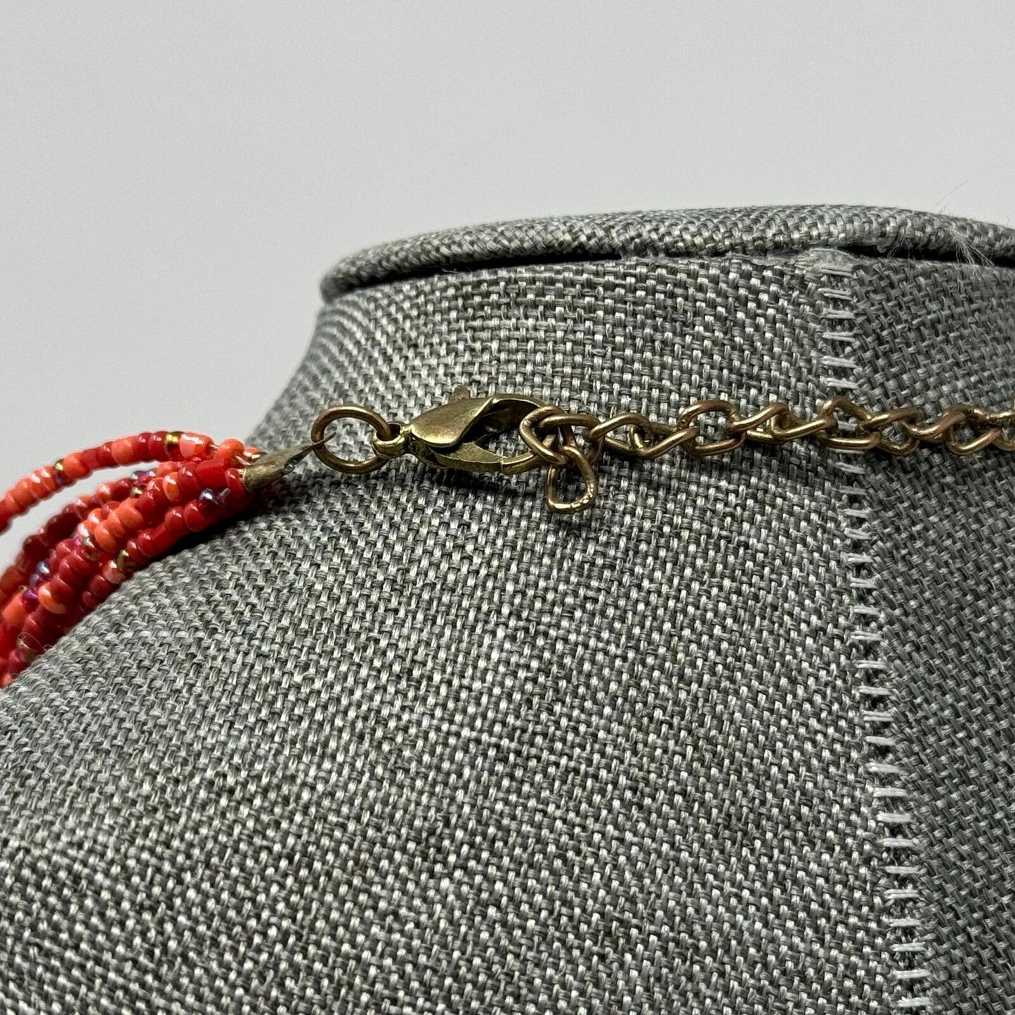 Red Seed Bead Bib Statement Necklace Layered Gold Accent Tribal Royal Boho 20”