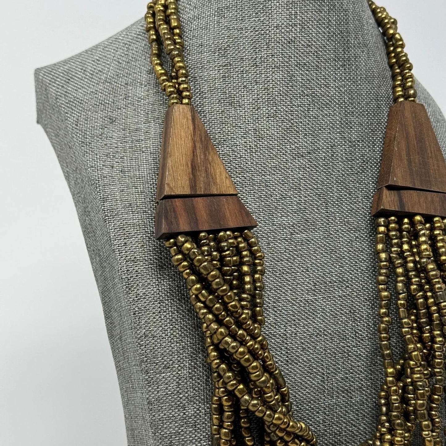 Brown Wood Statement Necklace Layer Bronze Seed Beads Rotating Accent Boho Chic 18”