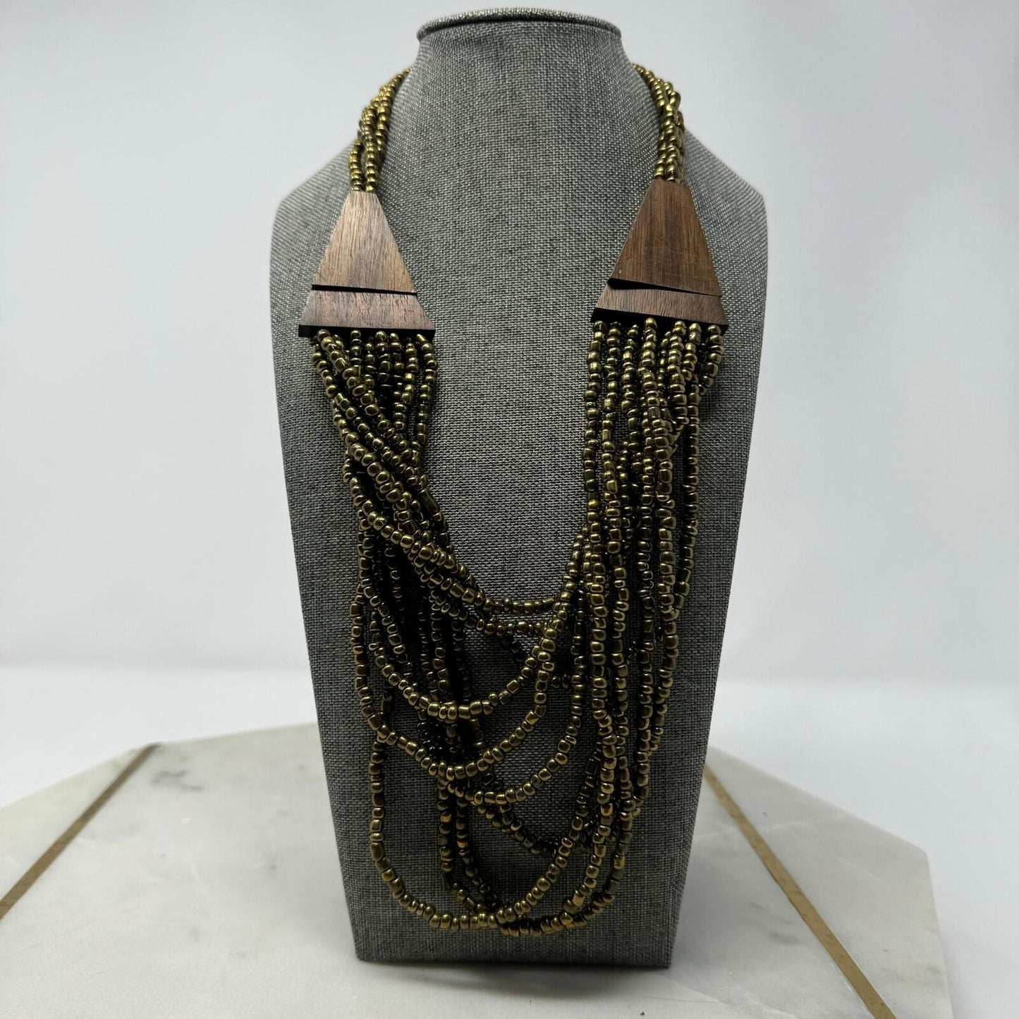 Brown Wood Statement Necklace Layer Bronze Seed Beads Rotating Accent Boho Chic 18”