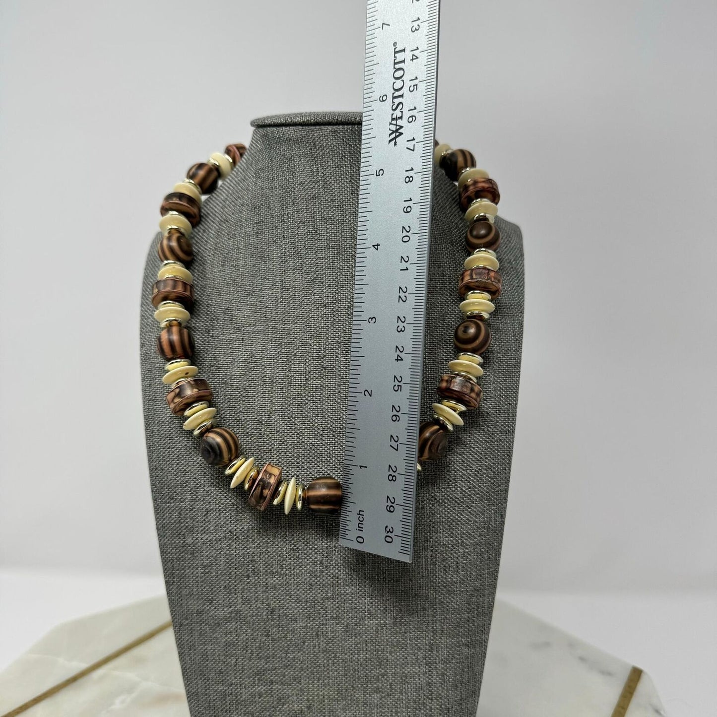Brown Beaded Necklace Rustic Earthy Design Ivory Disc Accent Natural Boho Tribal 16”