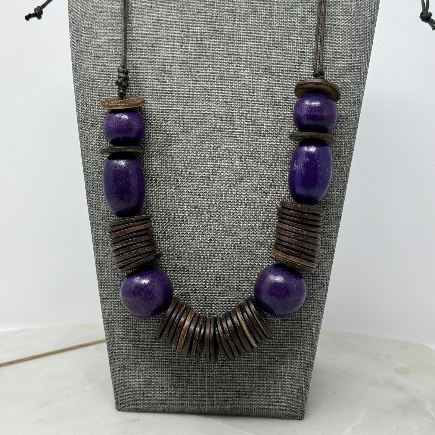 Wood Purple Beaded Statement Necklace Bold Boho Tribal Natural Disc Accent Beads 32”