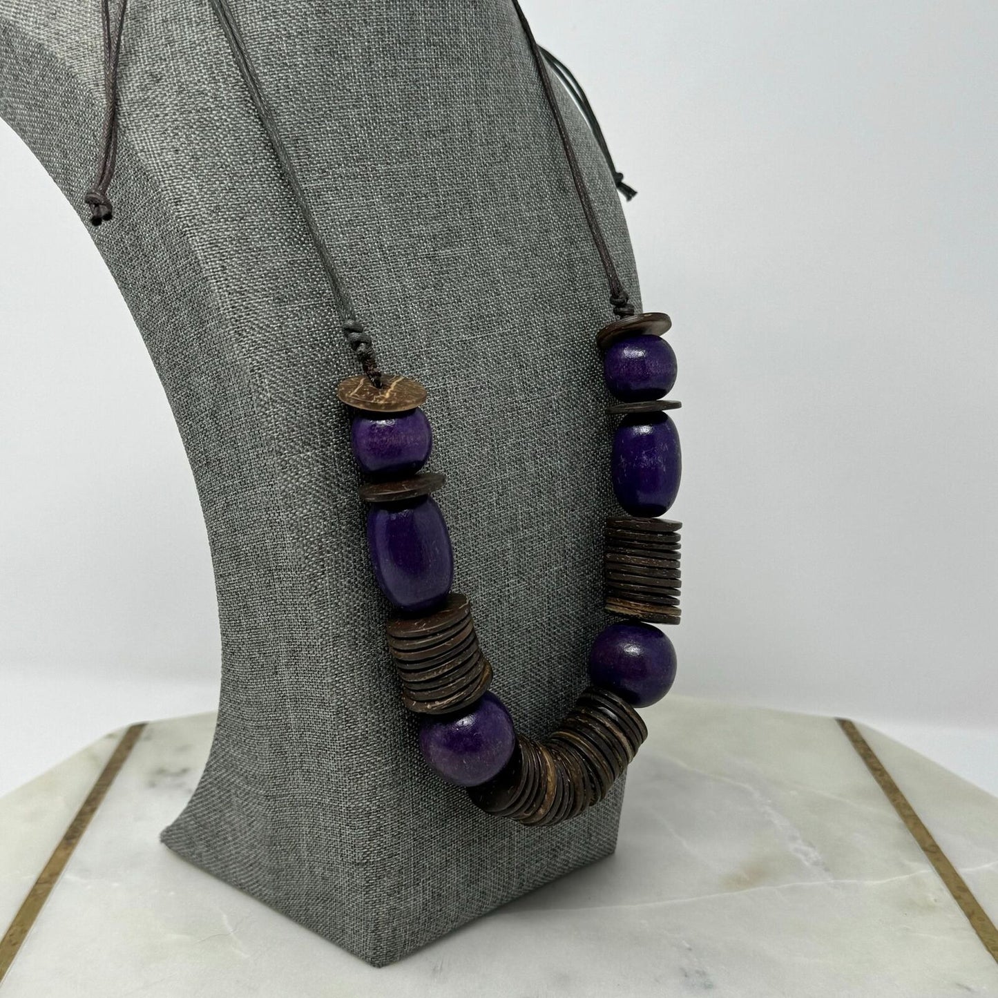 Wood Purple Beaded Statement Necklace Bold Boho Tribal Natural Disc Accent Beads 32”