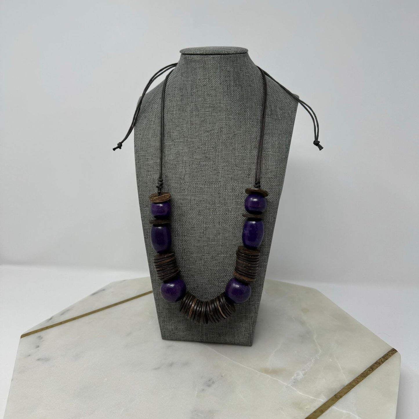 Wood Purple Beaded Statement Necklace Bold Boho Tribal Natural Disc Accent Beads 32”