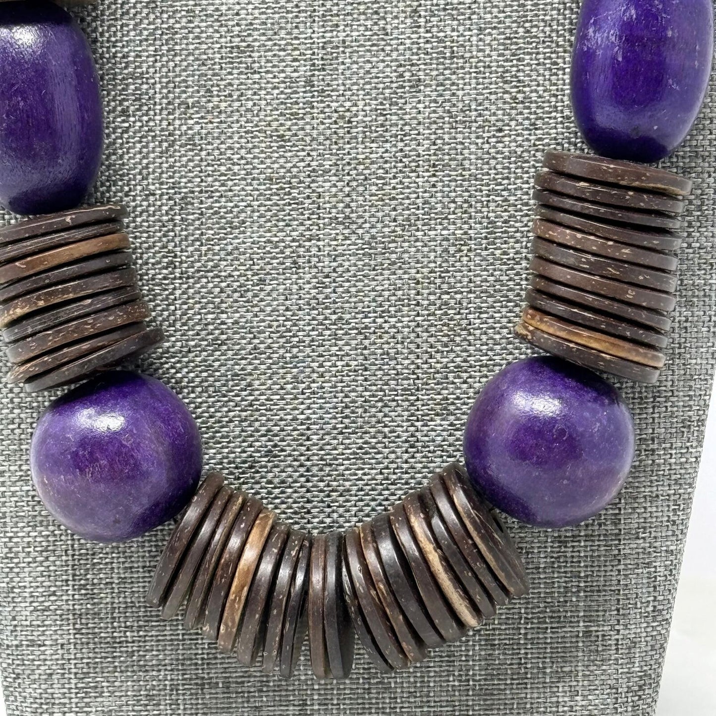 Wood Purple Beaded Statement Necklace Bold Boho Tribal Natural Disc Accent Beads 32”