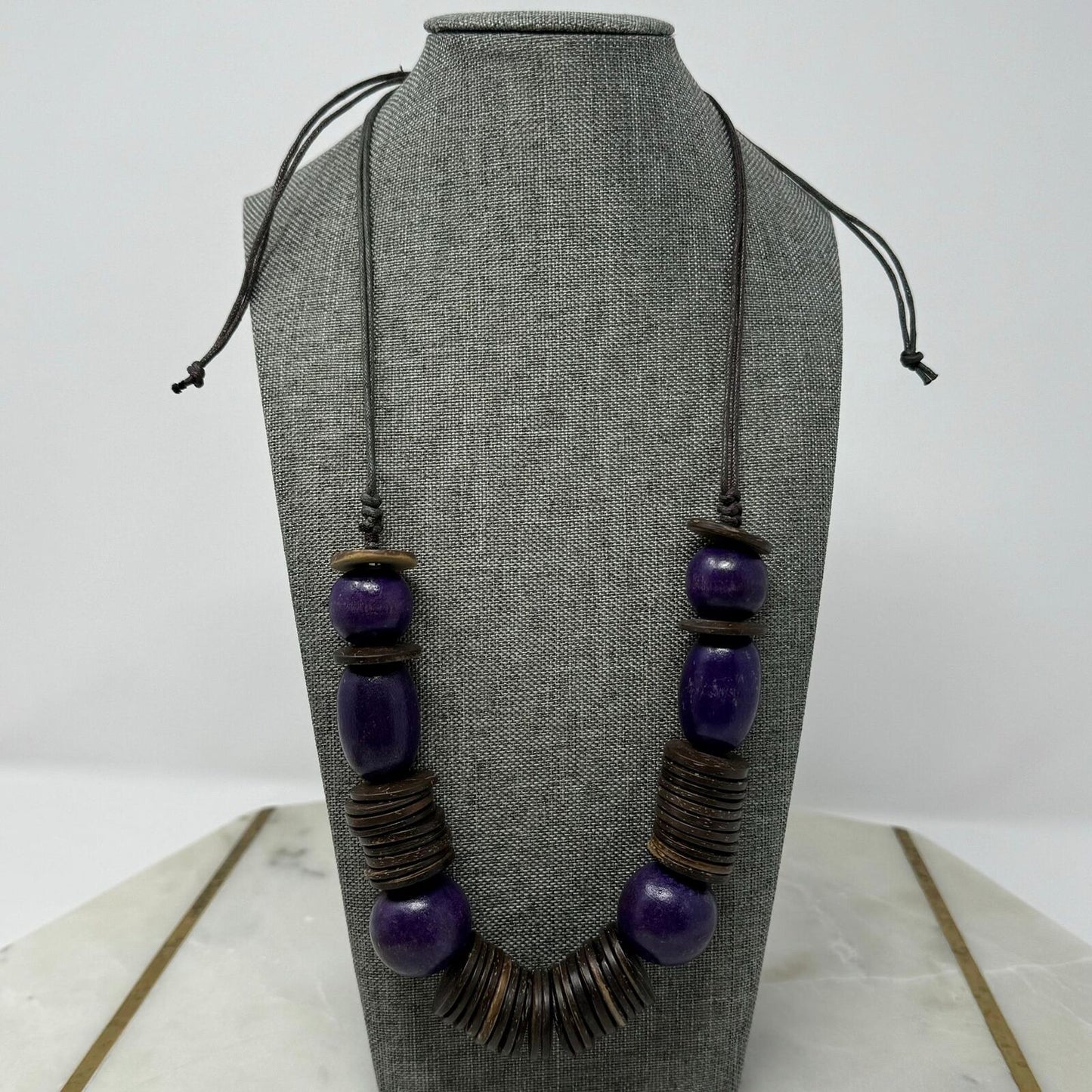 Wood Purple Beaded Statement Necklace Bold Boho Tribal Natural Disc Accent Beads 32”