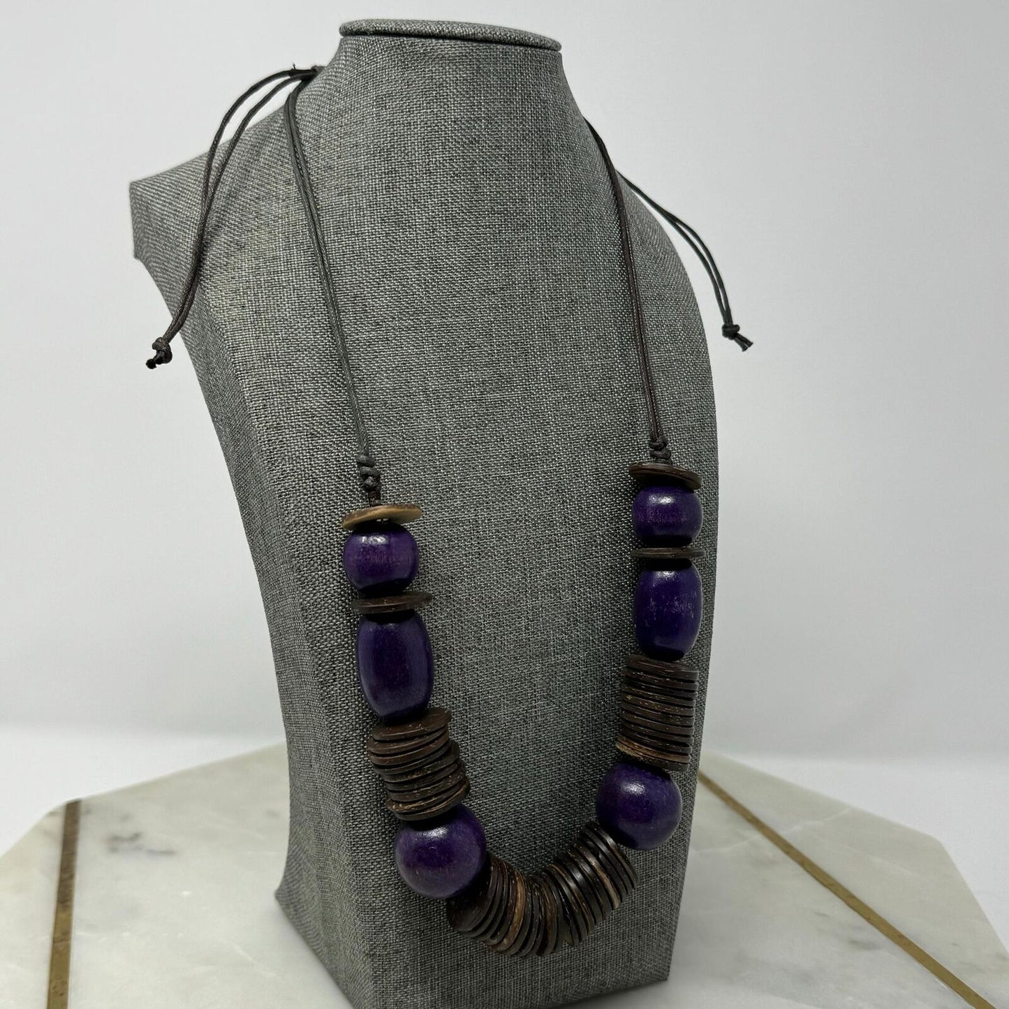 Wood Purple Beaded Statement Necklace Bold Boho Tribal Natural Disc Accent Beads 32”