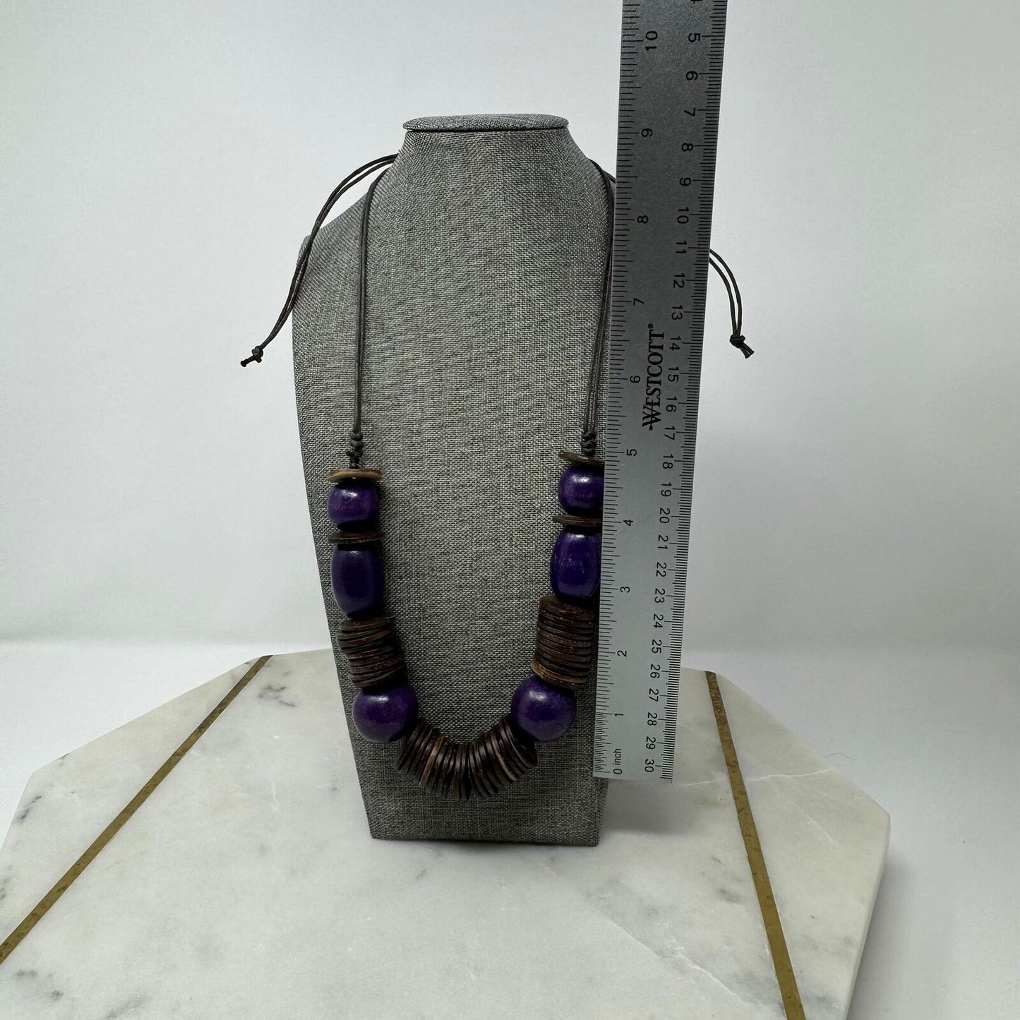Wood Purple Beaded Statement Necklace Bold Boho Tribal Natural Disc Accent Beads 32”